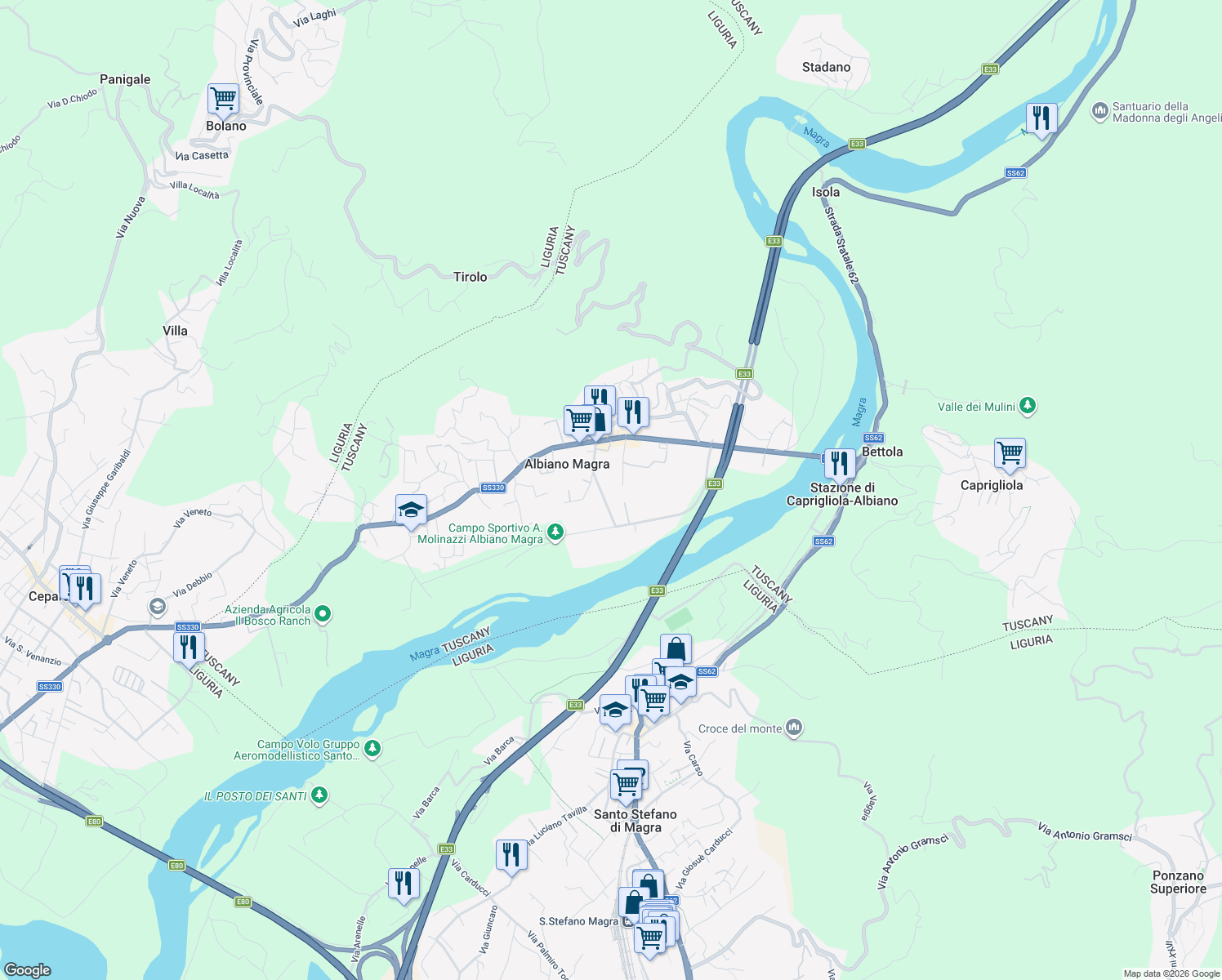 map of restaurants, bars, coffee shops, grocery stores, and more near 16 Via Casalina in Albiano Magra