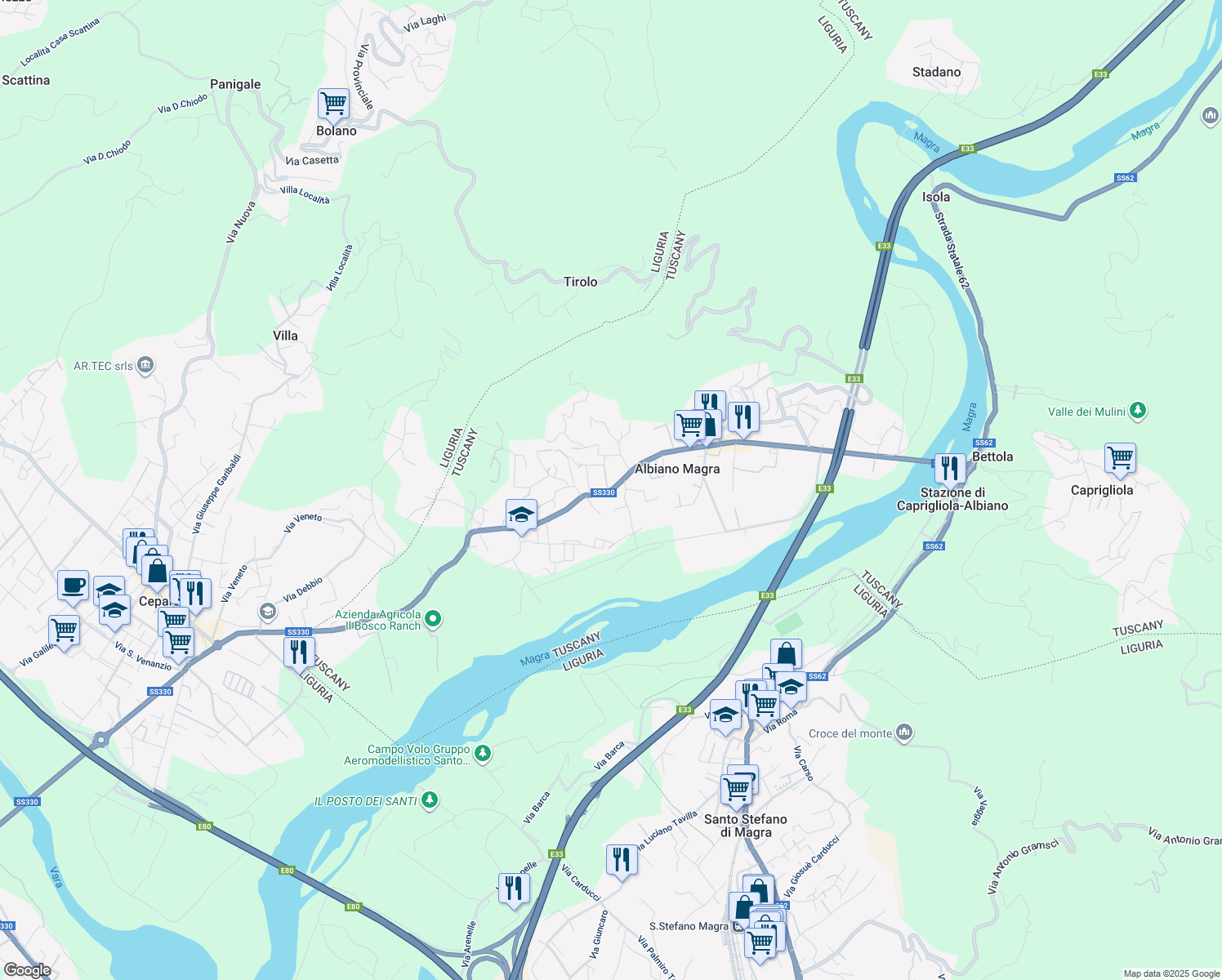 map of restaurants, bars, coffee shops, grocery stores, and more near 78 Via della Repubblica in Albiano Magra