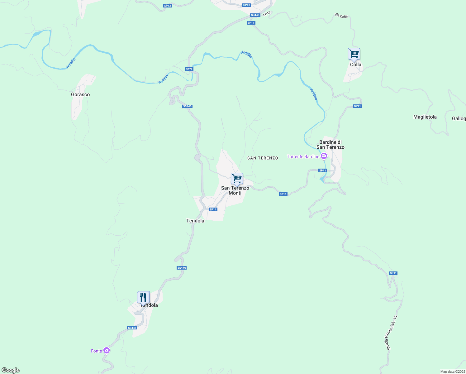 map of restaurants, bars, coffee shops, grocery stores, and more near 9 Via Chiesa San Terenzo in San Terenzo Monti
