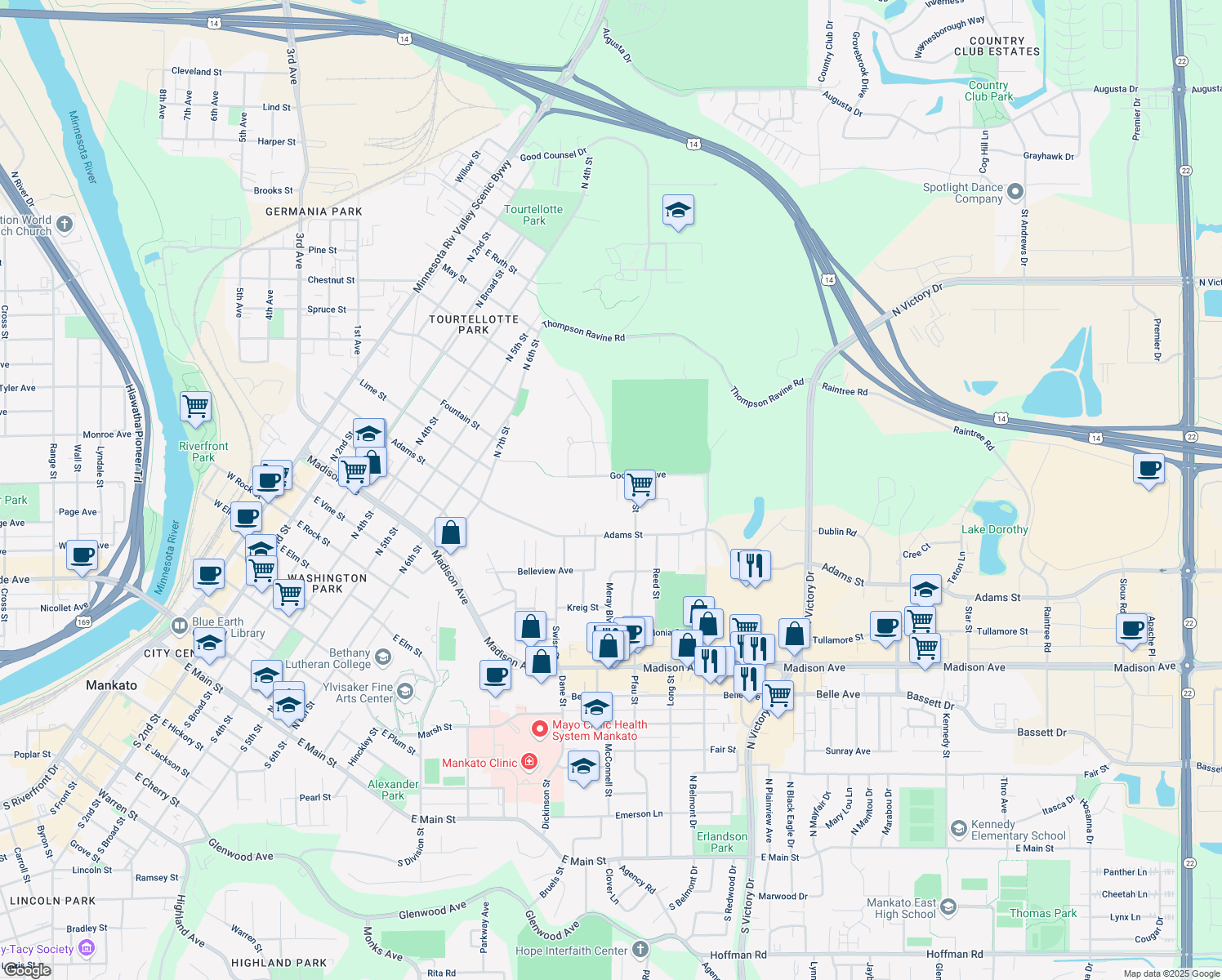 map of restaurants, bars, coffee shops, grocery stores, and more near 110 Carlton Court in Mankato