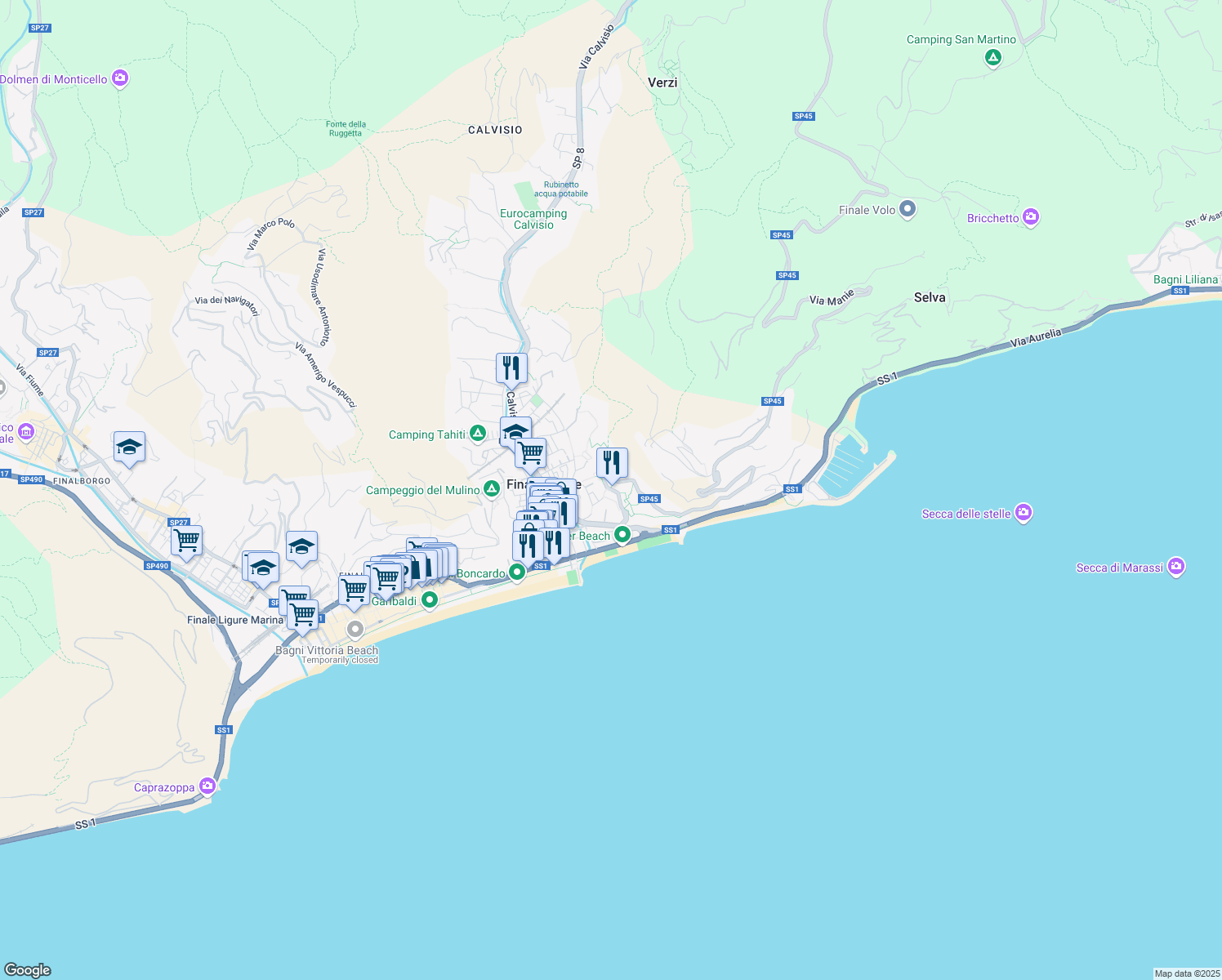 map of restaurants, bars, coffee shops, grocery stores, and more near 7 Strada Panoramica Manie in Finale Ligure