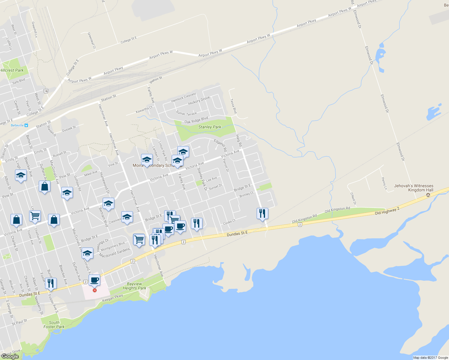 map of restaurants, bars, coffee shops, grocery stores, and more near 15 Melrose Crescent in Belleville