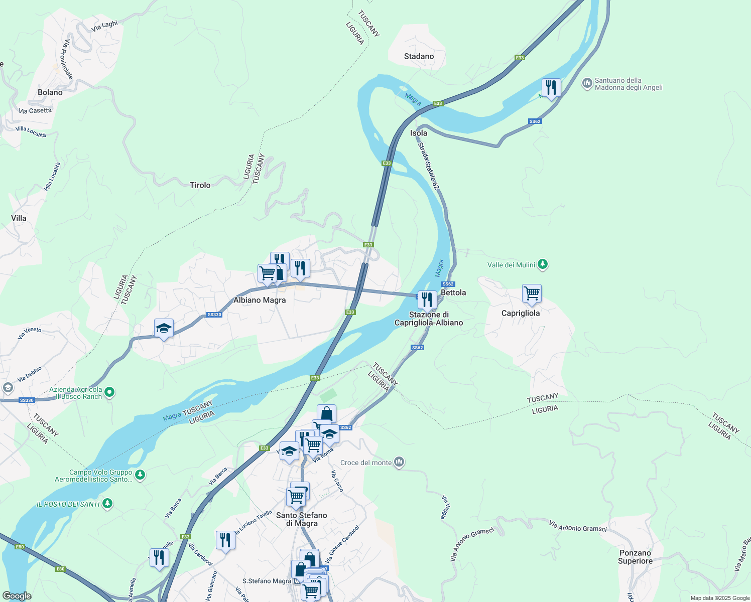 map of restaurants, bars, coffee shops, grocery stores, and more near 25 Via della Repubblica in Albiano Magra
