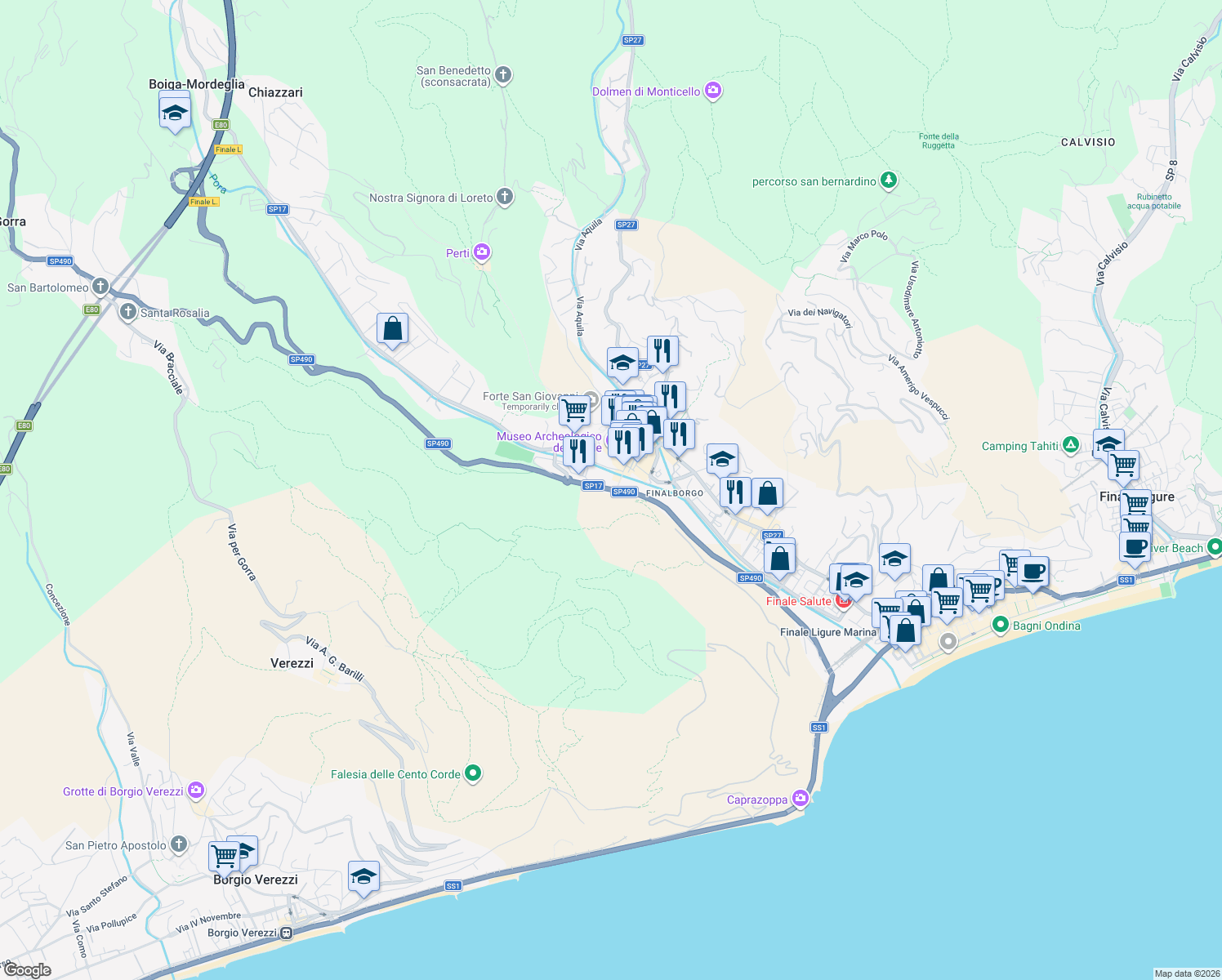map of restaurants, bars, coffee shops, grocery stores, and more near 17 SP490 in Finale Ligure