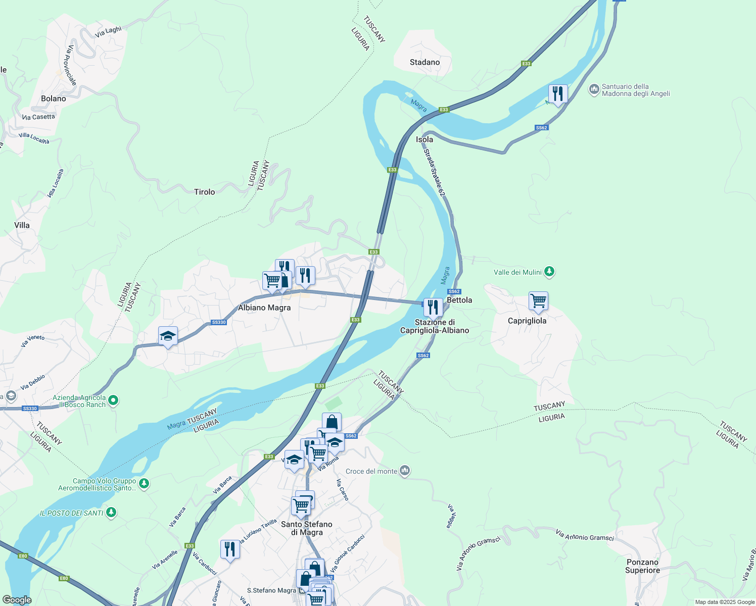 map of restaurants, bars, coffee shops, grocery stores, and more near 25 Via della Repubblica in Albiano Magra