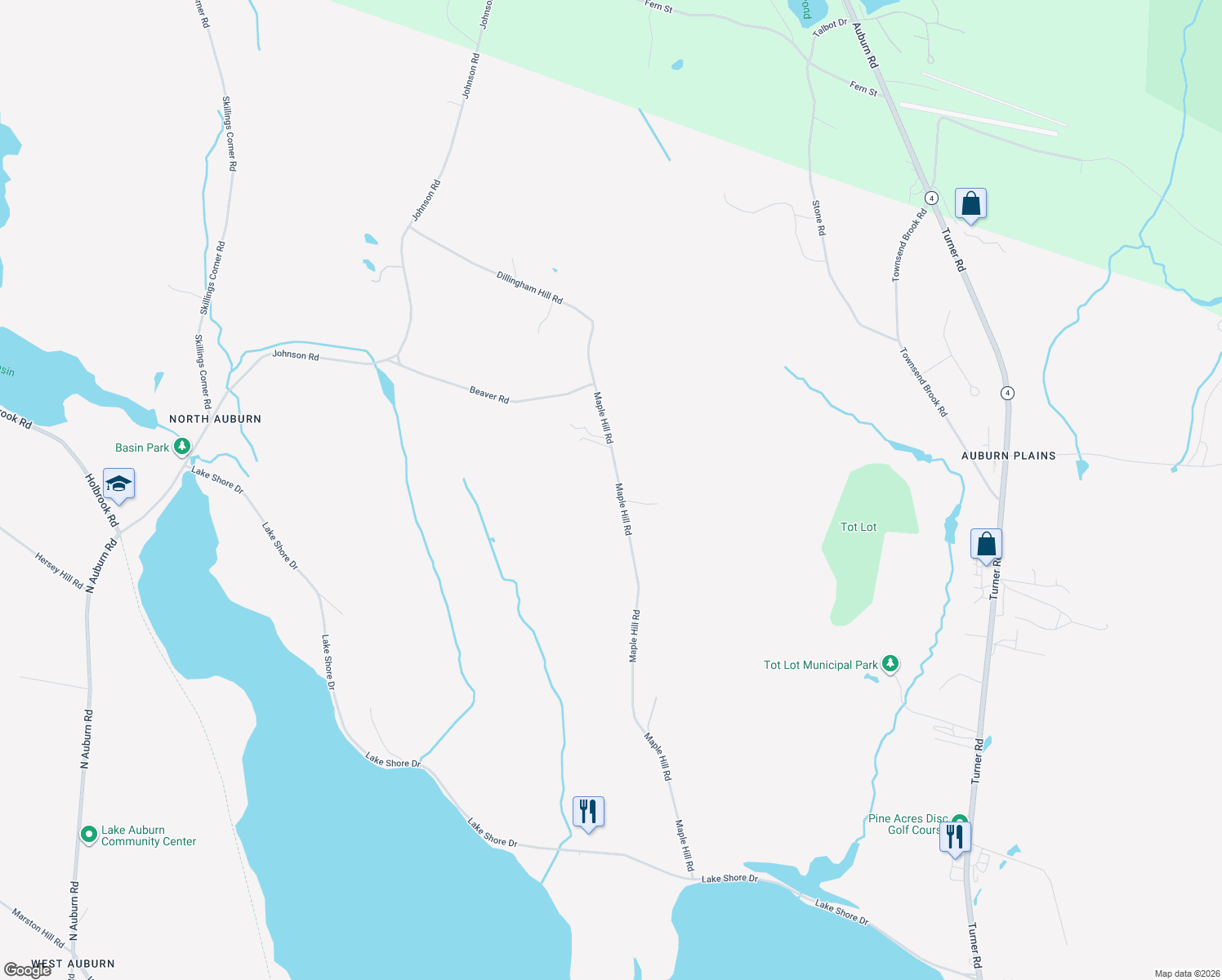 map of restaurants, bars, coffee shops, grocery stores, and more near 440 Maple Hill Road in Auburn