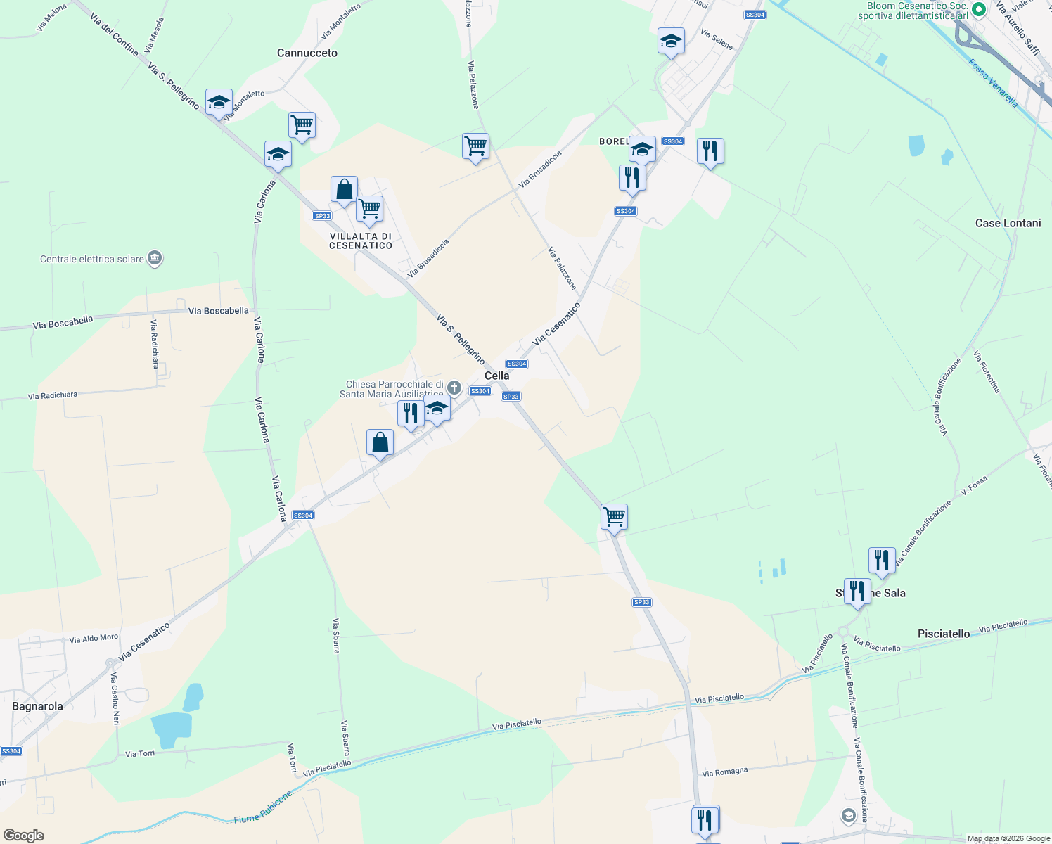 map of restaurants, bars, coffee shops, grocery stores, and more near 26 Via Campone Sala in Cesenatico