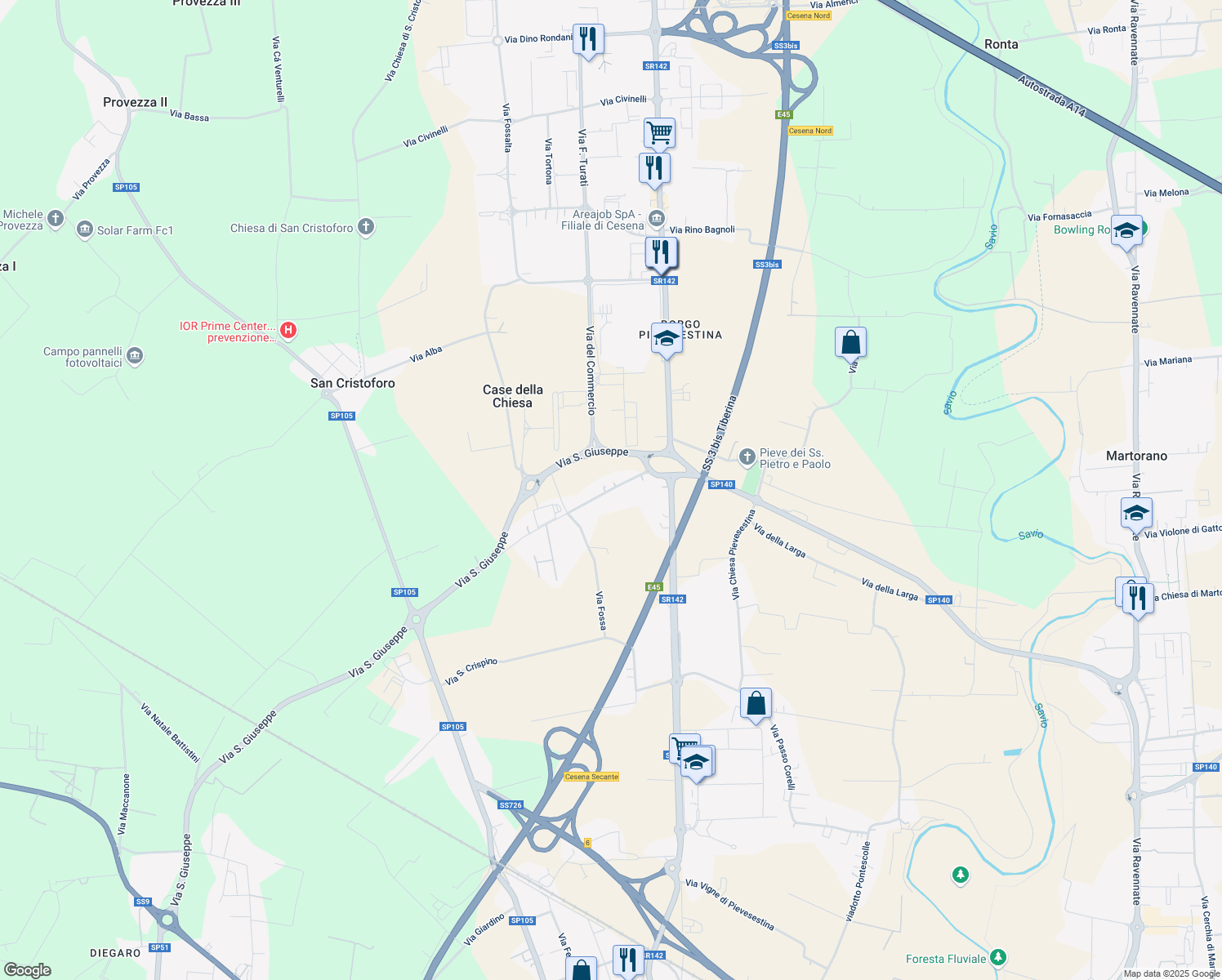 map of restaurants, bars, coffee shops, grocery stores, and more near 2849 Via Diegaro - Pievesestina in Cesena
