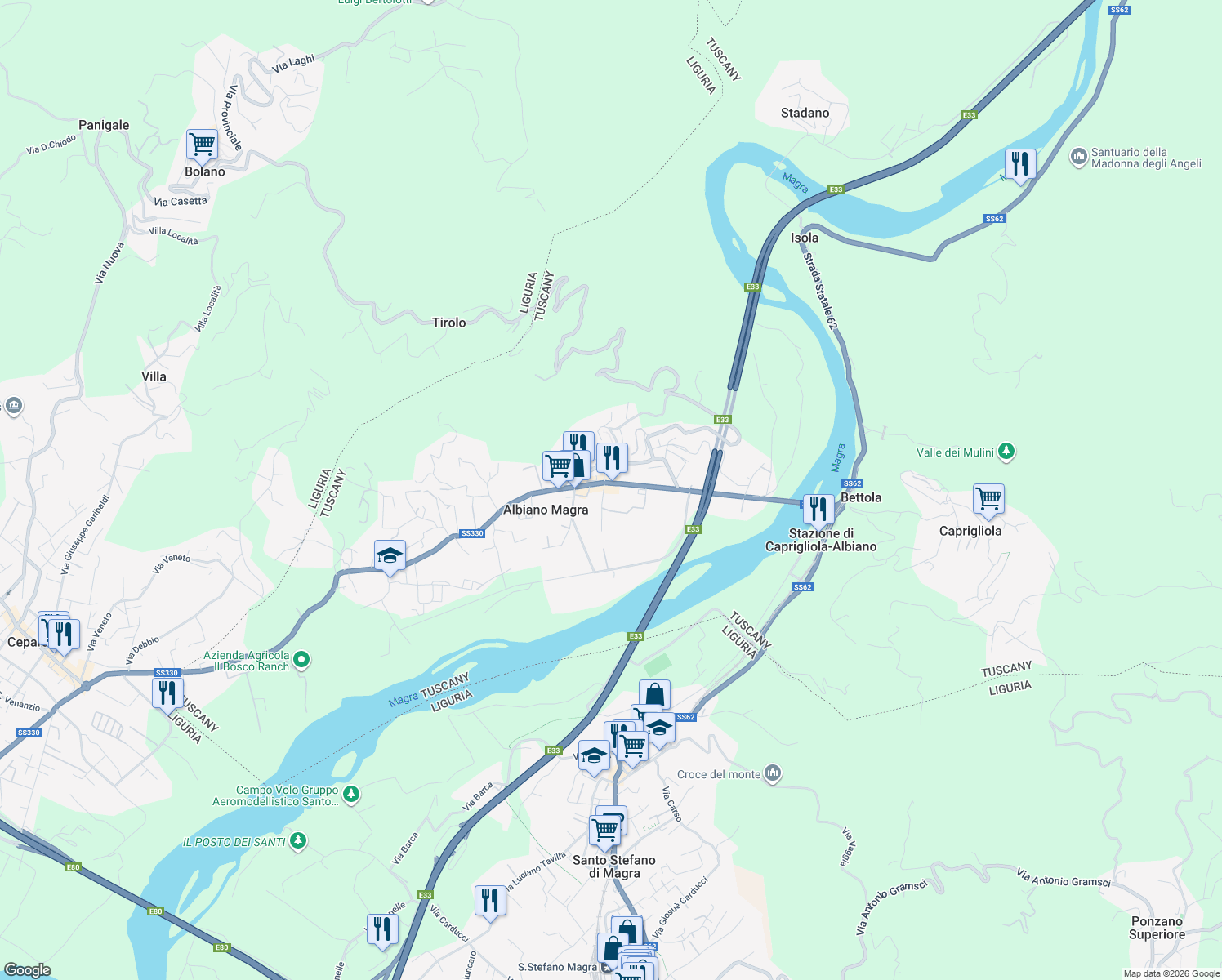map of restaurants, bars, coffee shops, grocery stores, and more near 70 Via Don Pietro Corsini in Albiano Magra
