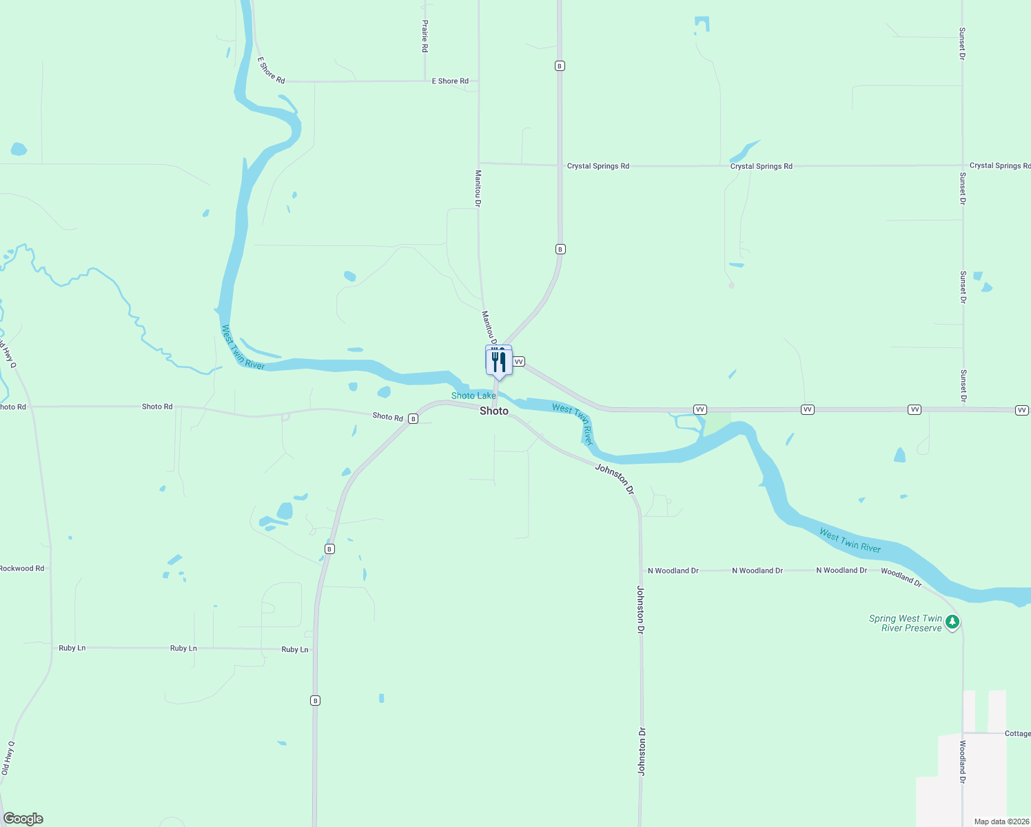map of restaurants, bars, coffee shops, grocery stores, and more near 6338 Johnston Drive in Two Rivers