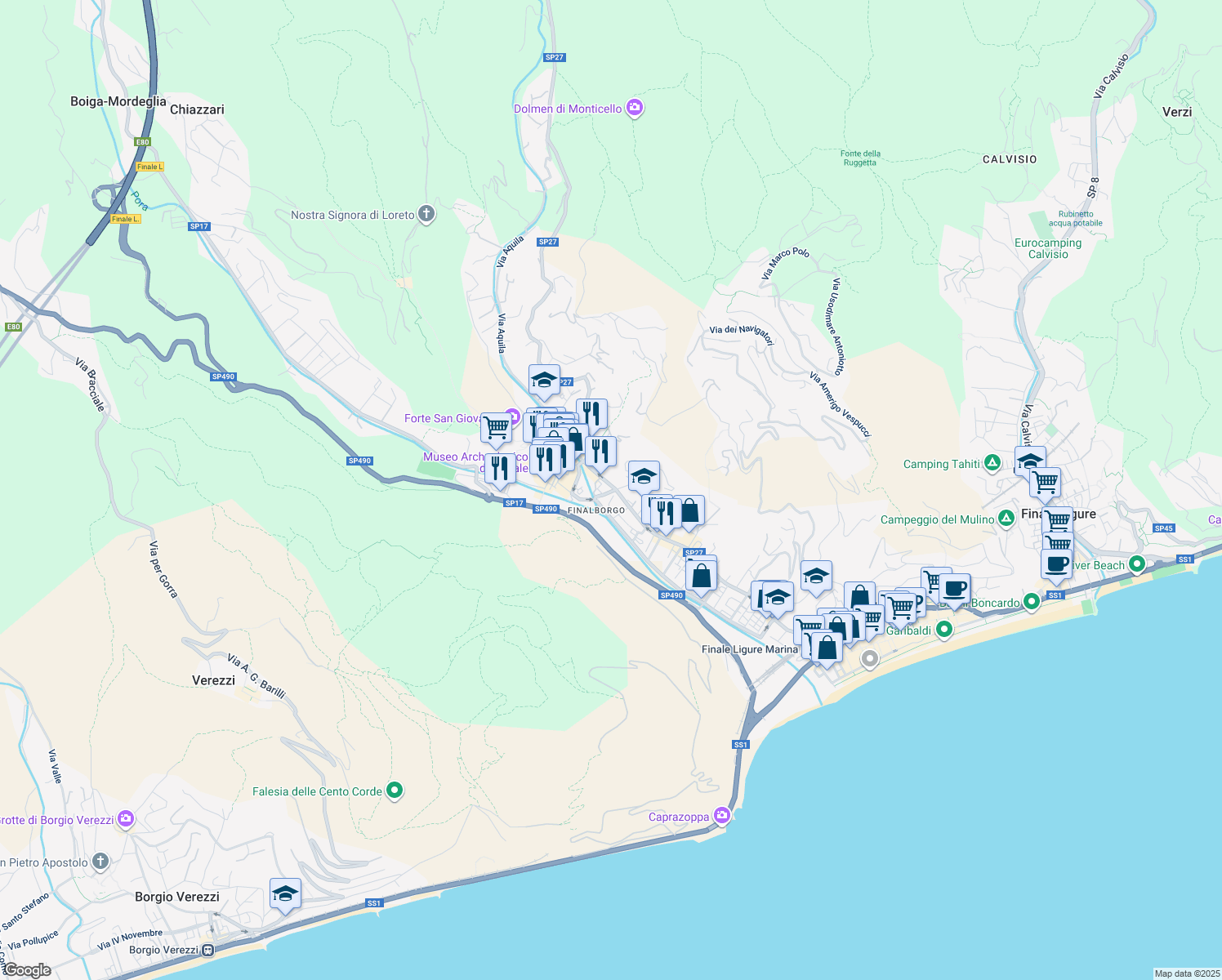 map of restaurants, bars, coffee shops, grocery stores, and more near 2 Via Generale Arnaldi in Finale Ligure