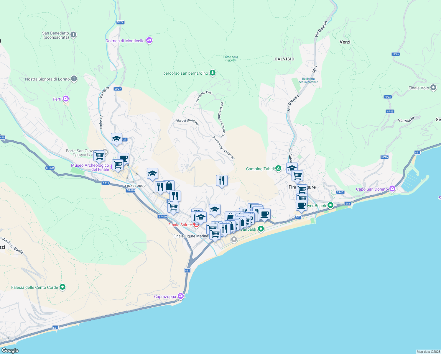 map of restaurants, bars, coffee shops, grocery stores, and more near 7 Via al Bricco in Finale Ligure