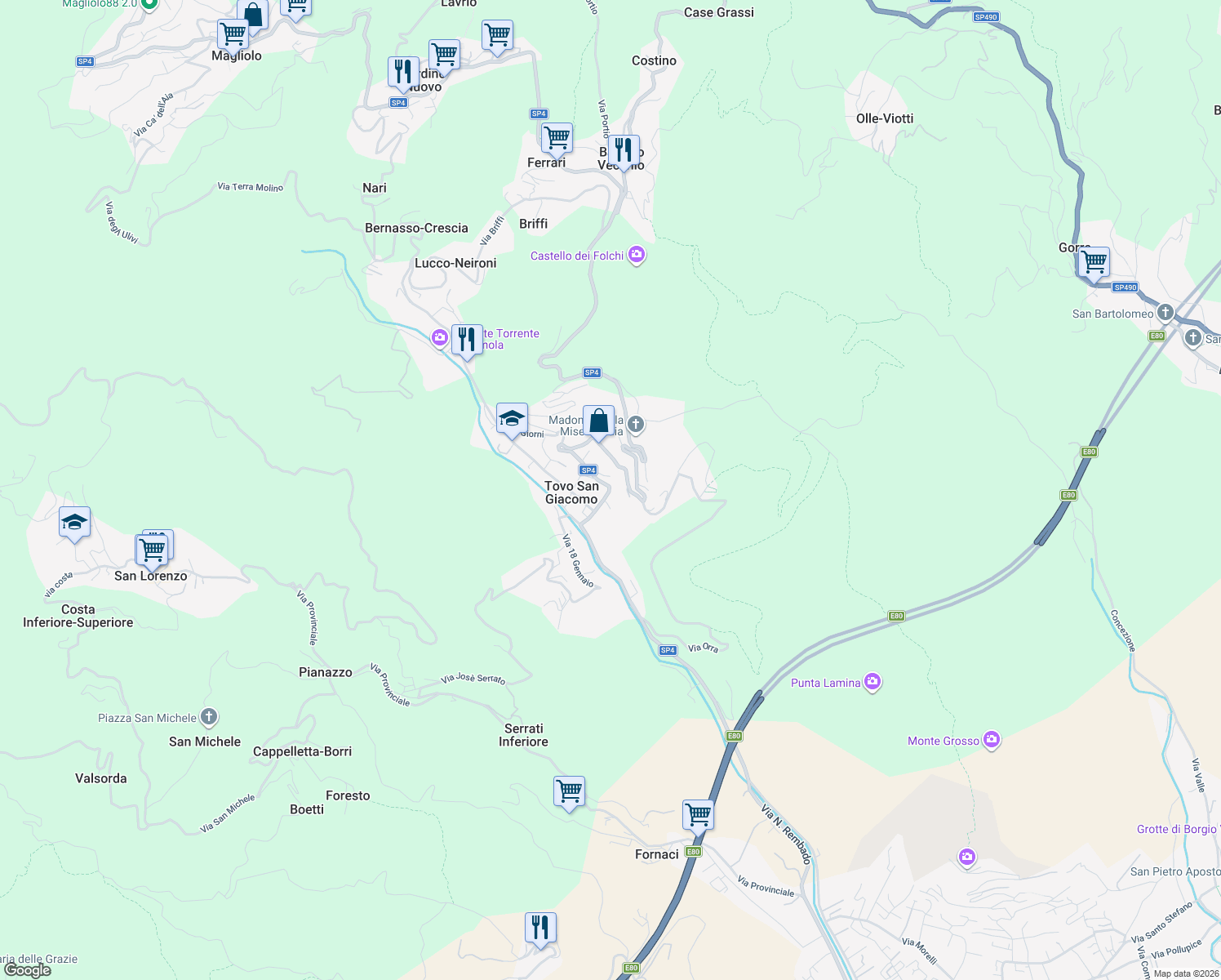 map of restaurants, bars, coffee shops, grocery stores, and more near 53 Via Roma in Provincia di Savona