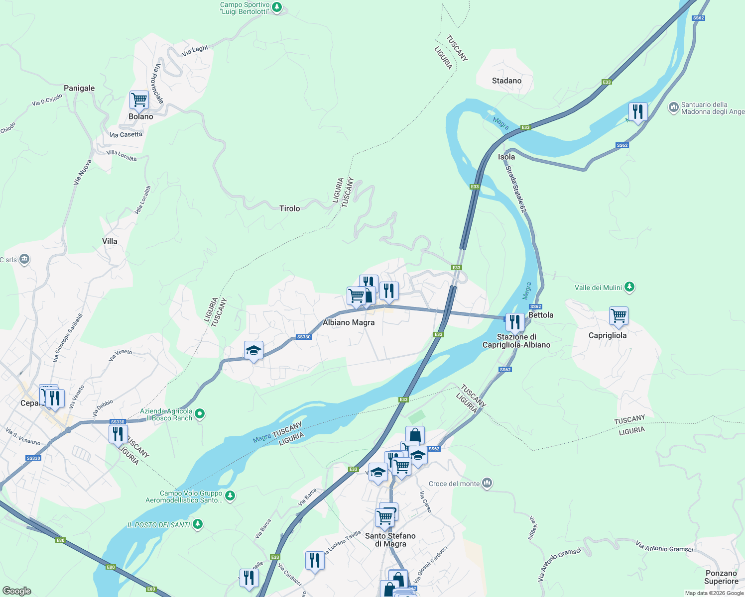 map of restaurants, bars, coffee shops, grocery stores, and more near 70 Via Don Pietro Corsini in Albiano Magra