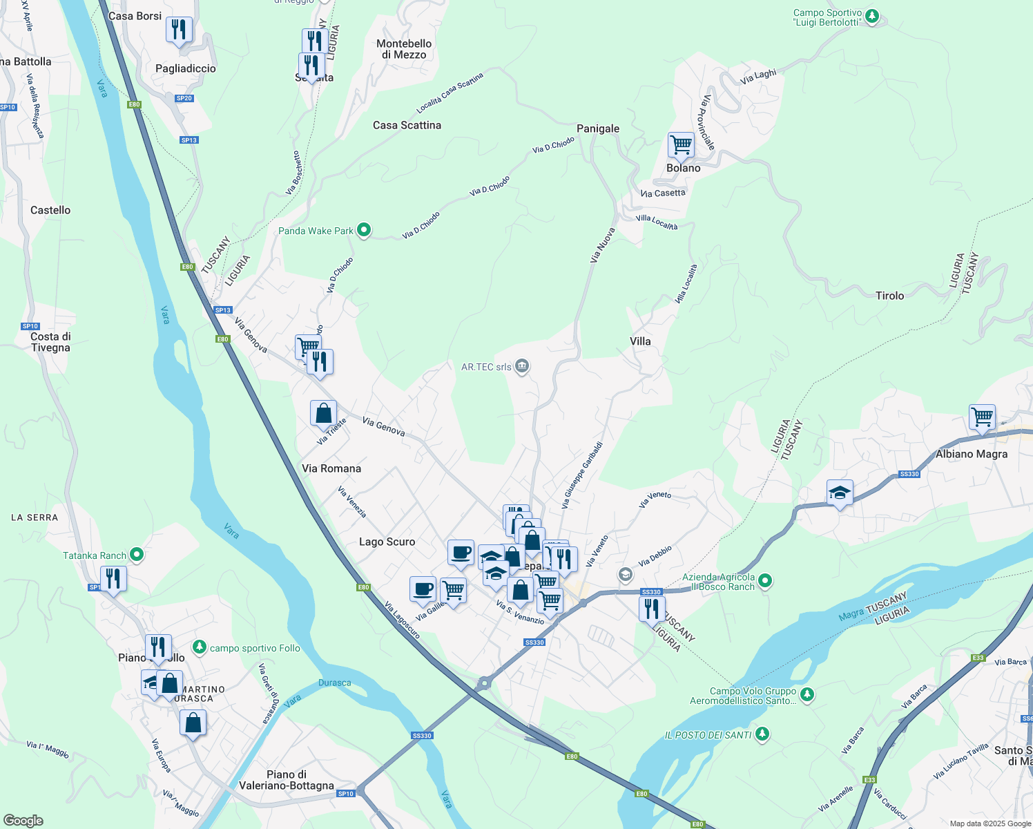 map of restaurants, bars, coffee shops, grocery stores, and more near 1 TER Via Tassonara in Ceparana
