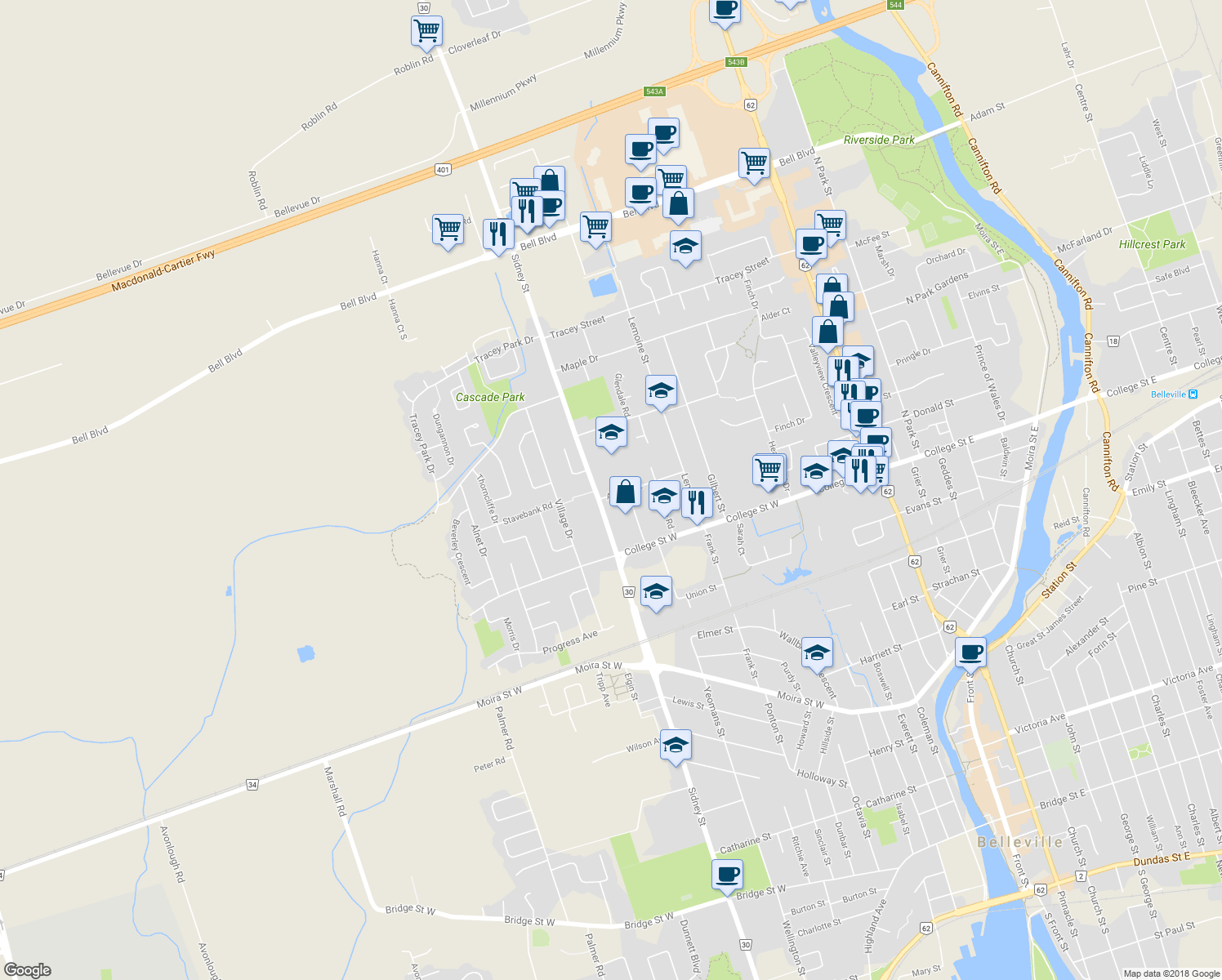 map of restaurants, bars, coffee shops, grocery stores, and more near 16 Auburn Street in Belleville