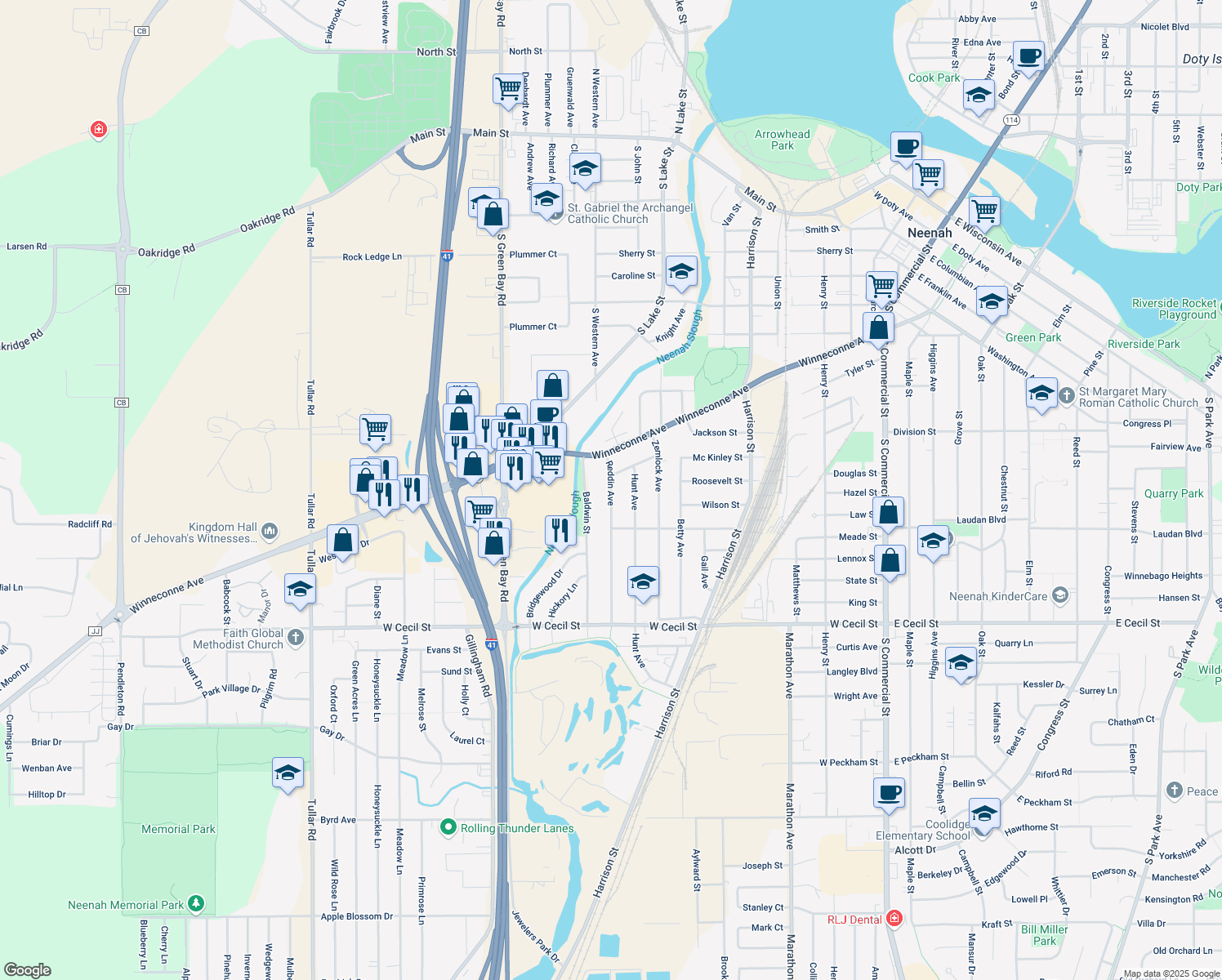 map of restaurants, bars, coffee shops, grocery stores, and more near 840 Reddin Avenue in Neenah