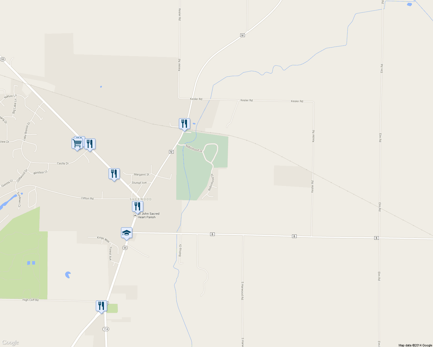 map of restaurants, bars, coffee shops, grocery stores, and more near N488 Robinhood Dr in Sherwood