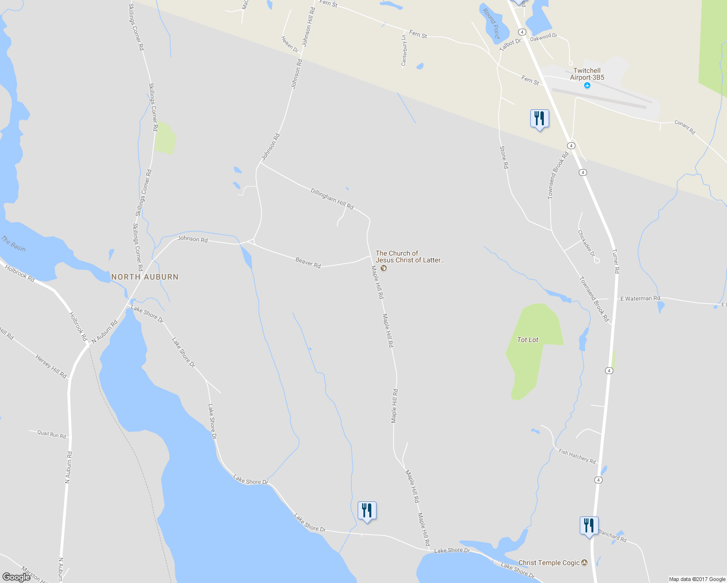 map of restaurants, bars, coffee shops, grocery stores, and more near 490 Maple Hill Road in Auburn