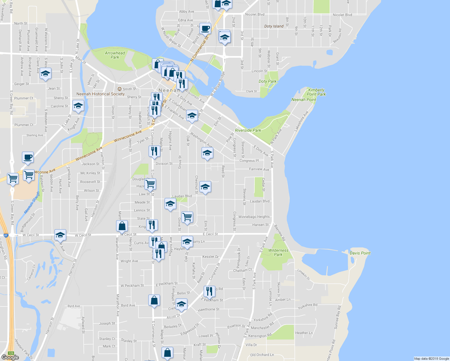 map of restaurants, bars, coffee shops, grocery stores, and more near 646 Reed Street in Neenah