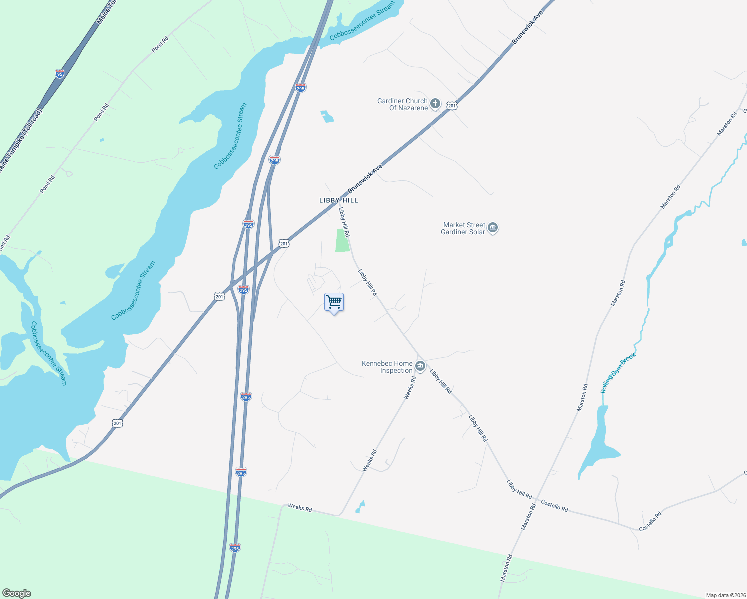 map of restaurants, bars, coffee shops, grocery stores, and more near 97 Libby Hill Road in Gardiner