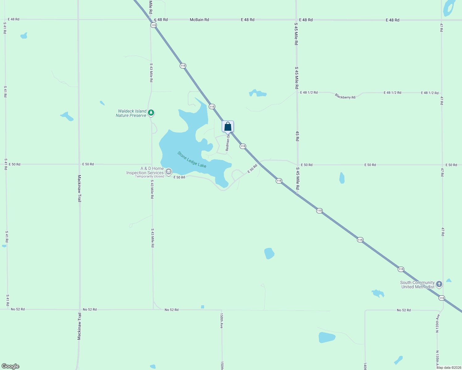 map of restaurants, bars, coffee shops, grocery stores, and more near 9285 East 50 Road in Cadillac