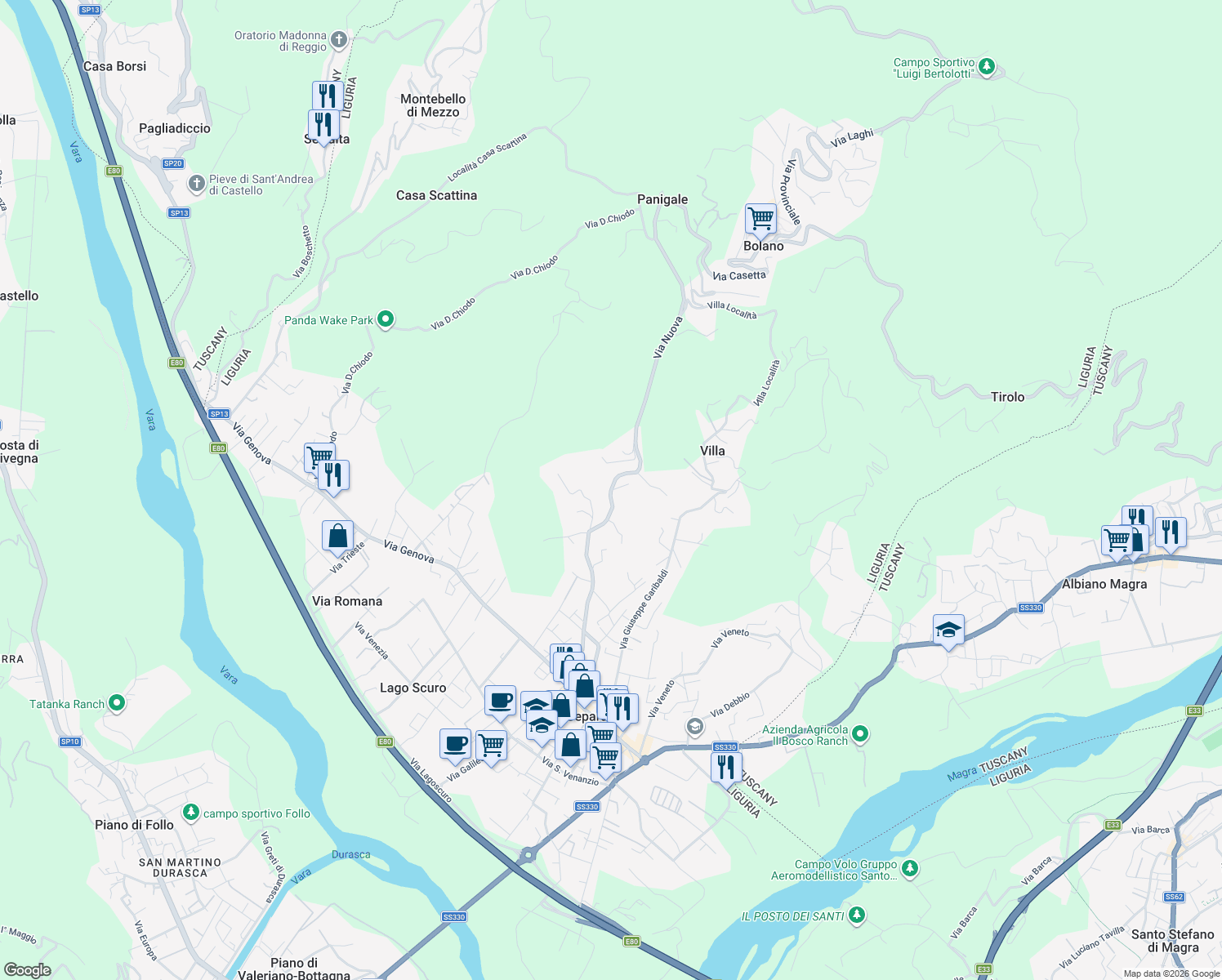 map of restaurants, bars, coffee shops, grocery stores, and more near Via Tassonara in Ceparana