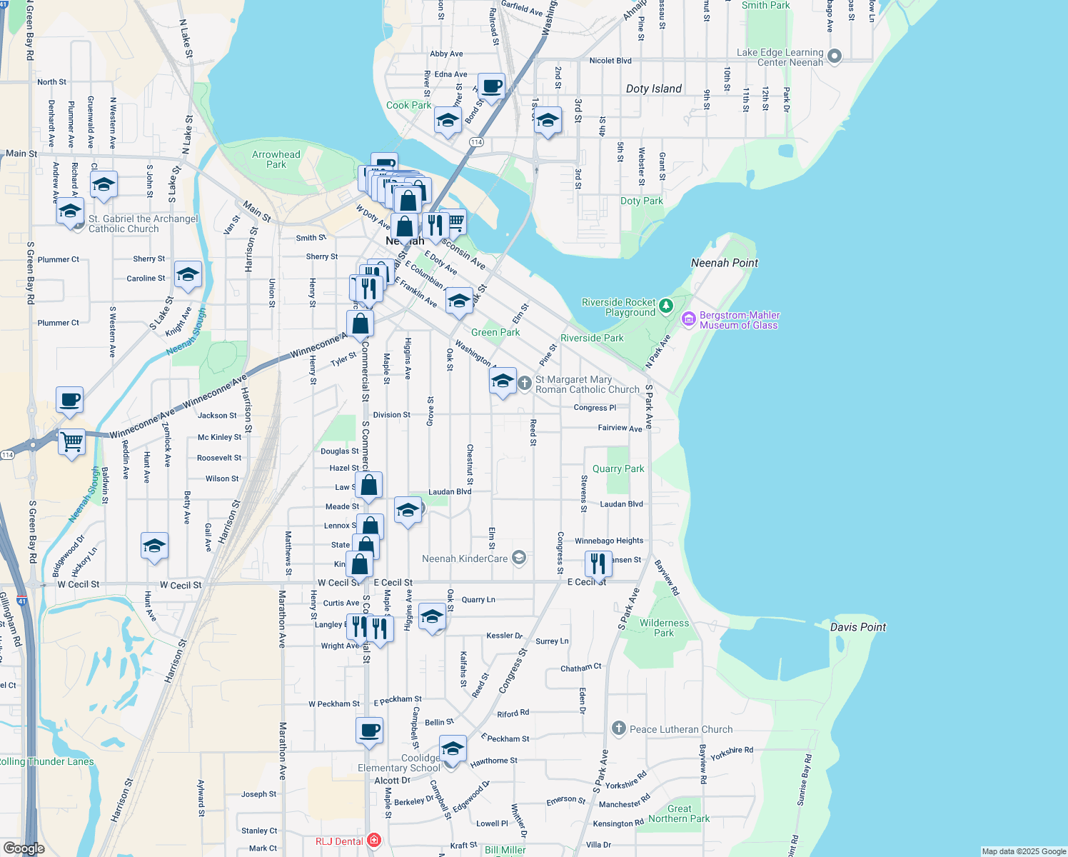 map of restaurants, bars, coffee shops, grocery stores, and more near 614 Reed Street in Neenah