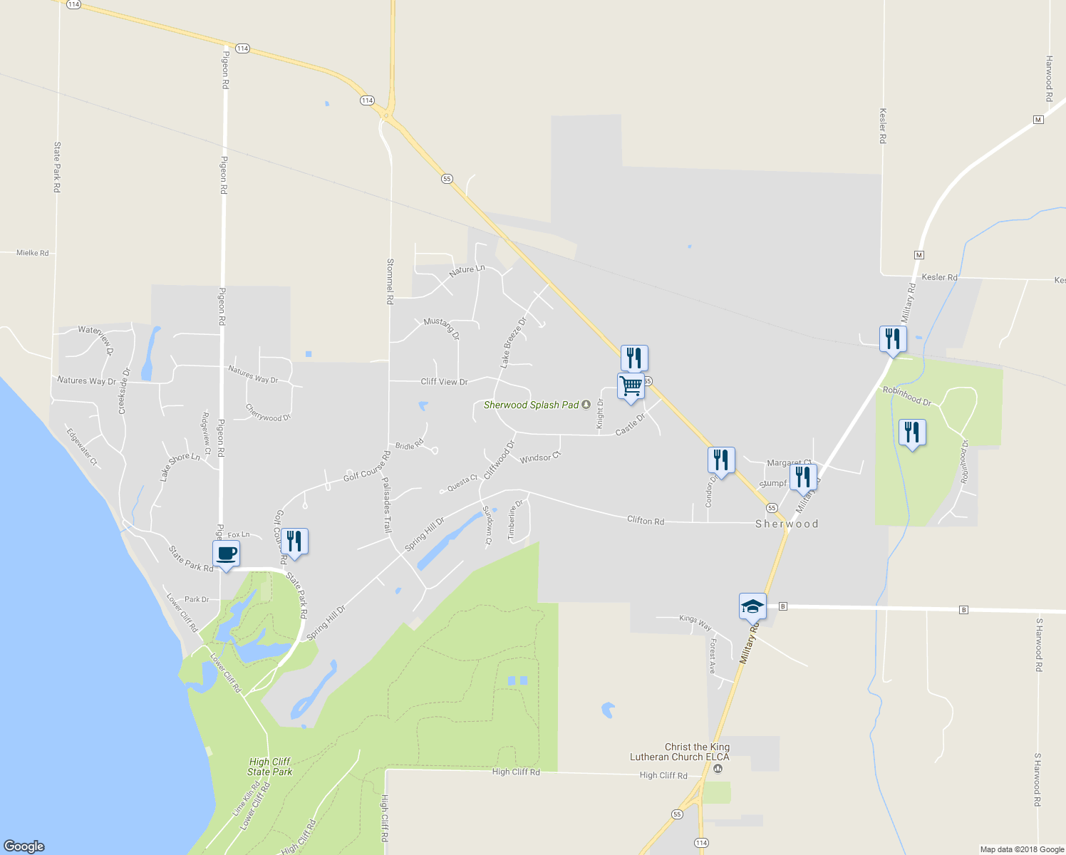 map of restaurants, bars, coffee shops, grocery stores, and more near W4716 Castle Drive in Sherwood