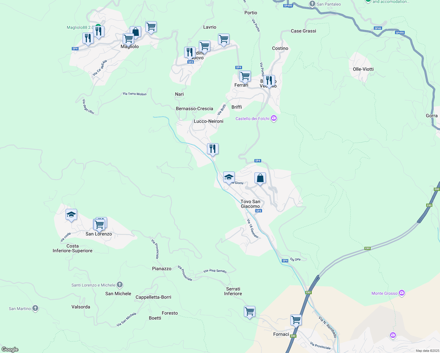 map of restaurants, bars, coffee shops, grocery stores, and more near 44 Via Giorni in Tovo San Giacomo