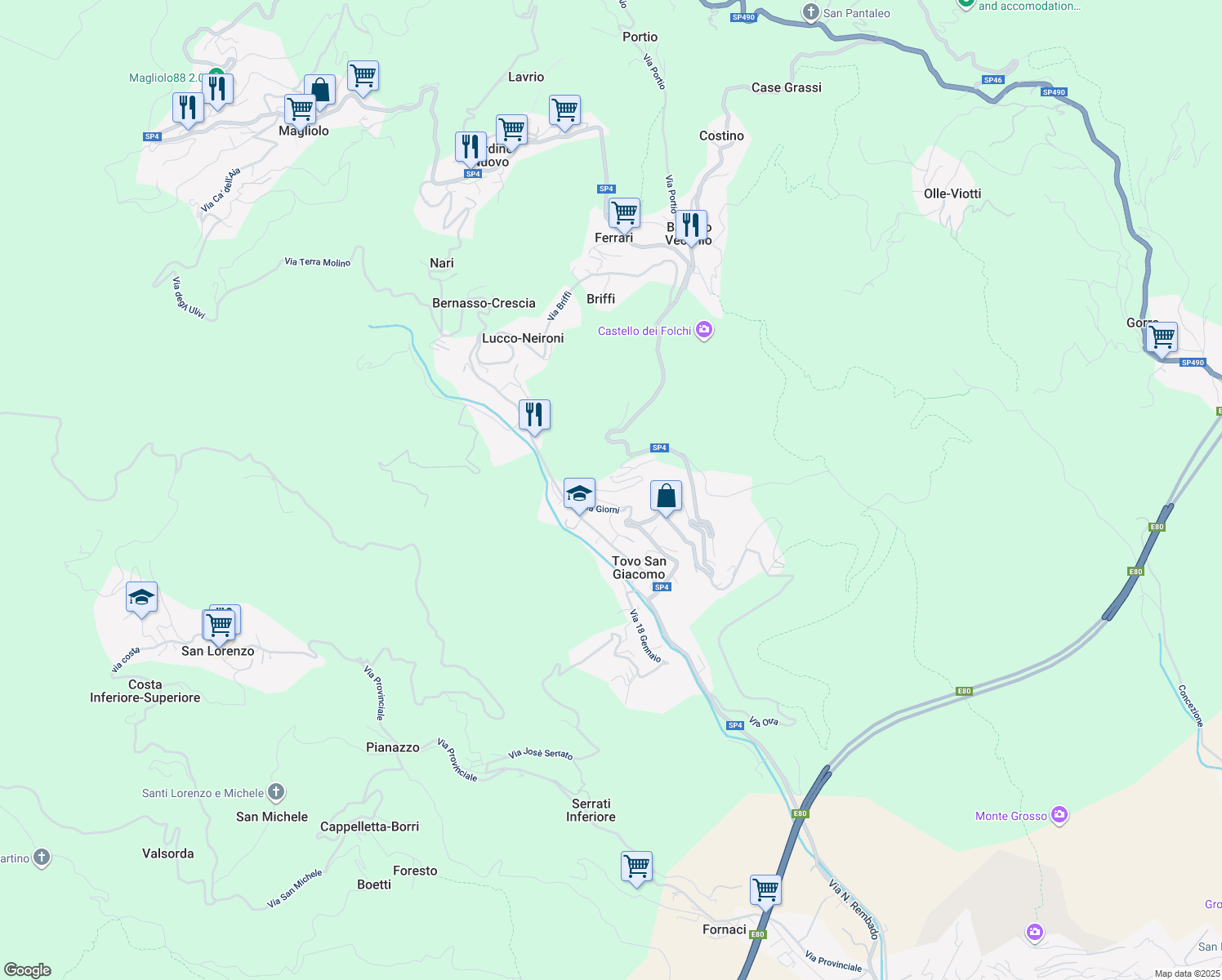 map of restaurants, bars, coffee shops, grocery stores, and more near 44 Via Giorni in Tovo San Giacomo