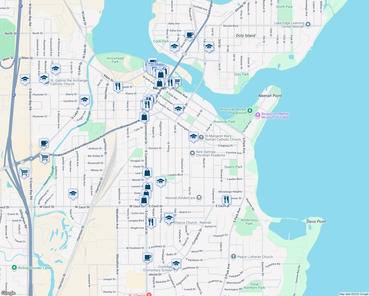 map of restaurants, bars, coffee shops, grocery stores, and more near 513 Division Street in Neenah