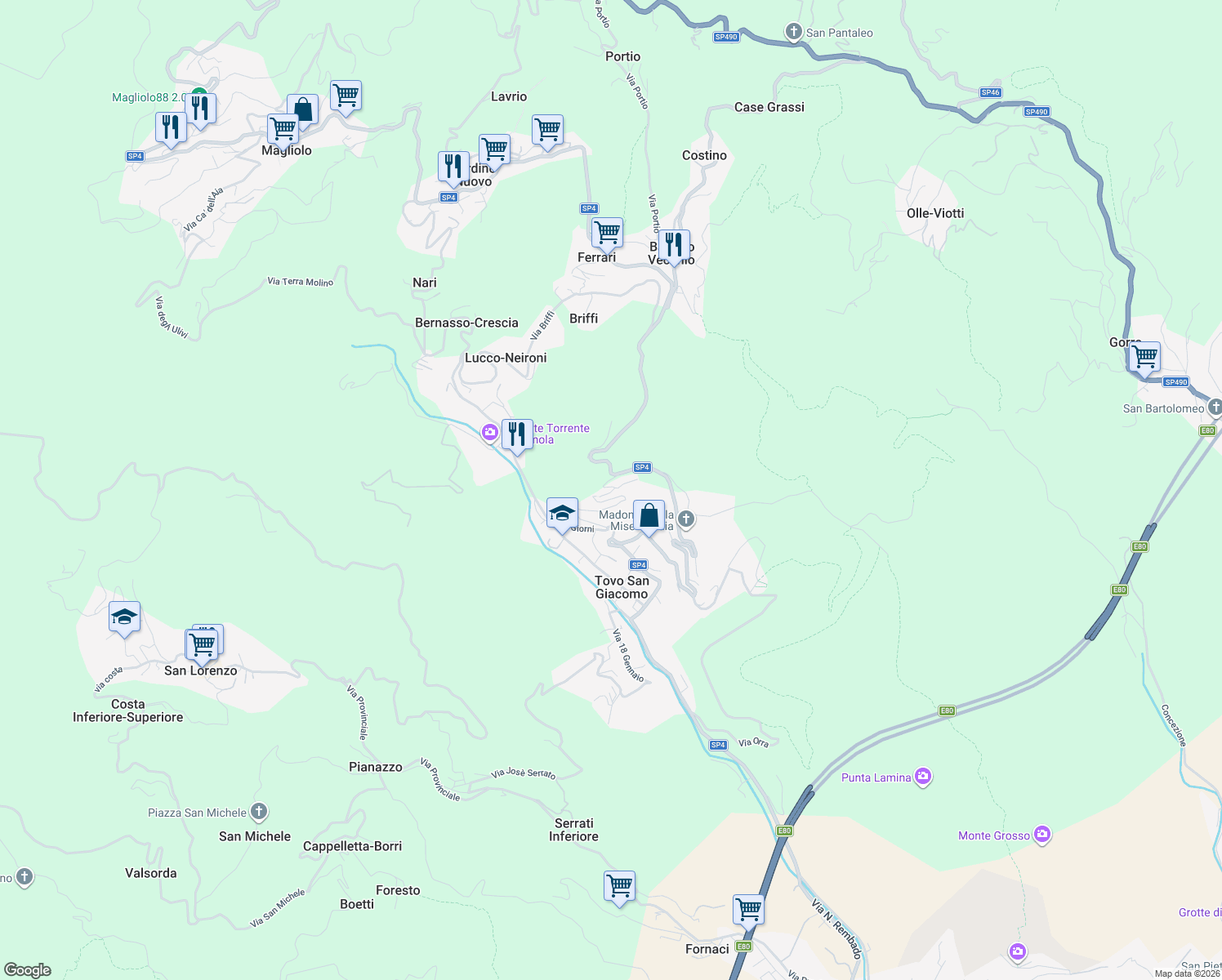 map of restaurants, bars, coffee shops, grocery stores, and more near 4 Via Giorni in Tovo San Giacomo