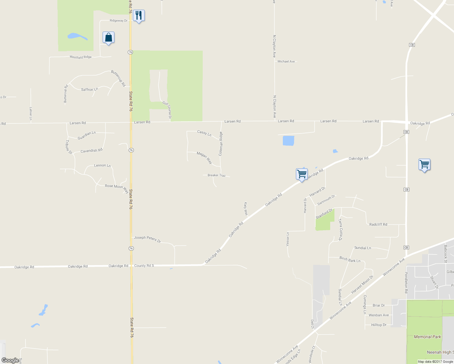 map of restaurants, bars, coffee shops, grocery stores, and more near 2633 Breaker Trail in Neenah