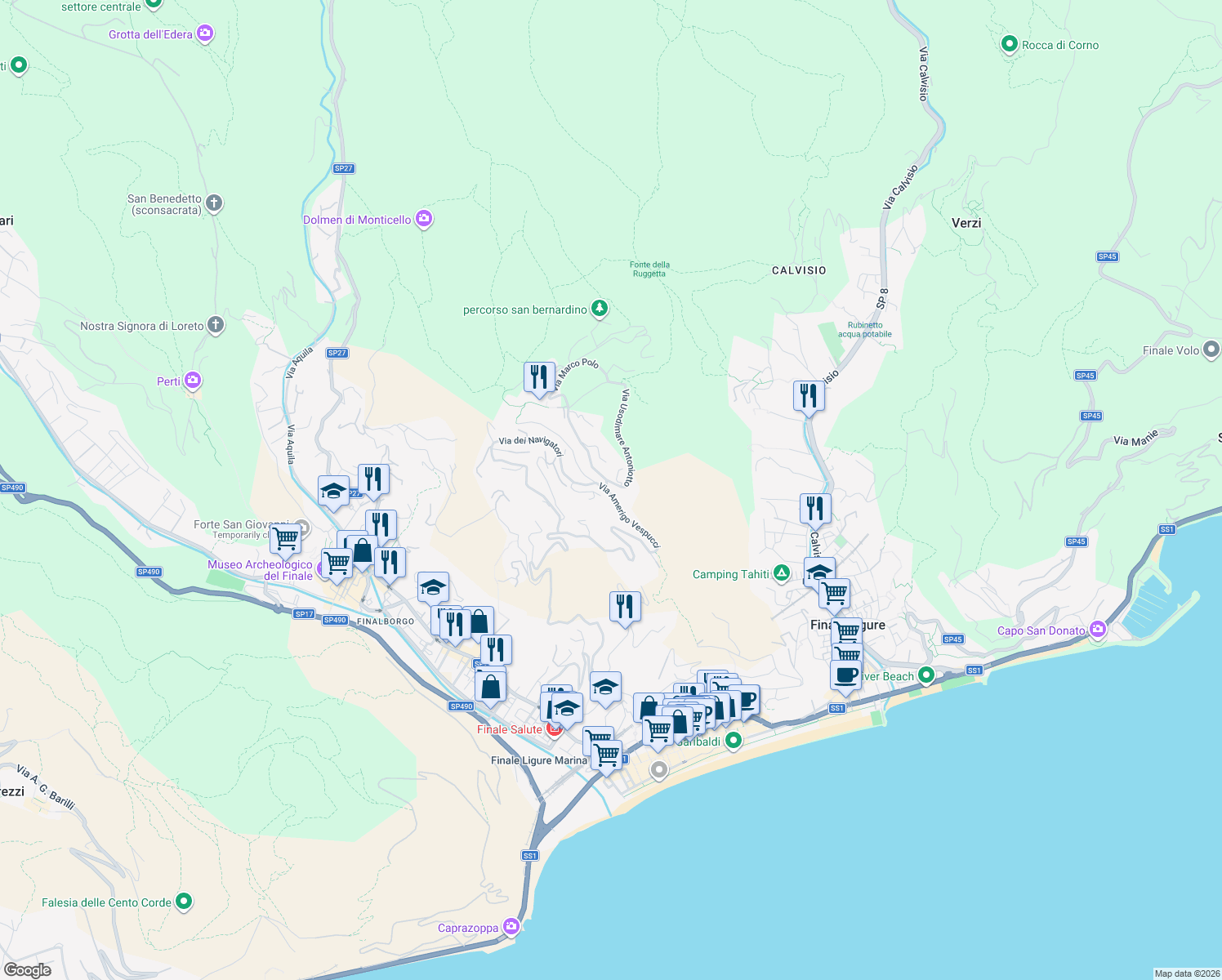 map of restaurants, bars, coffee shops, grocery stores, and more near 1 Via Usodimare Antoniotto in Finale Ligure