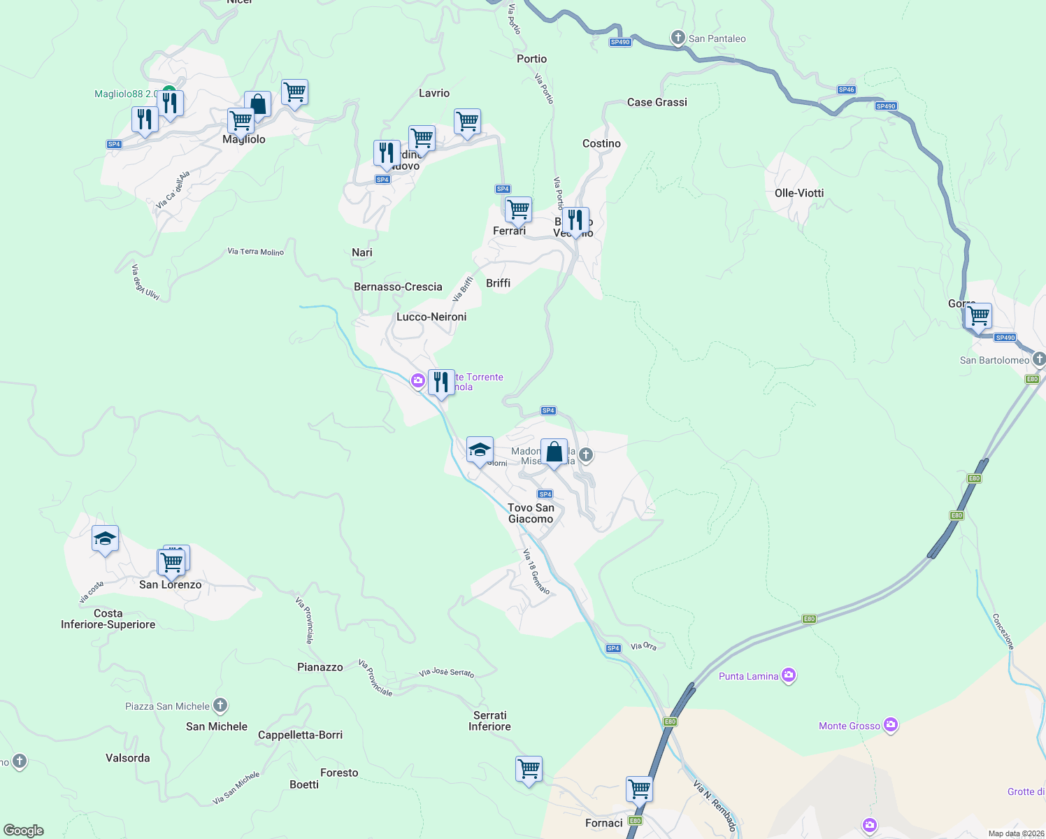 map of restaurants, bars, coffee shops, grocery stores, and more near 4 Via Giorni in Tovo San Giacomo