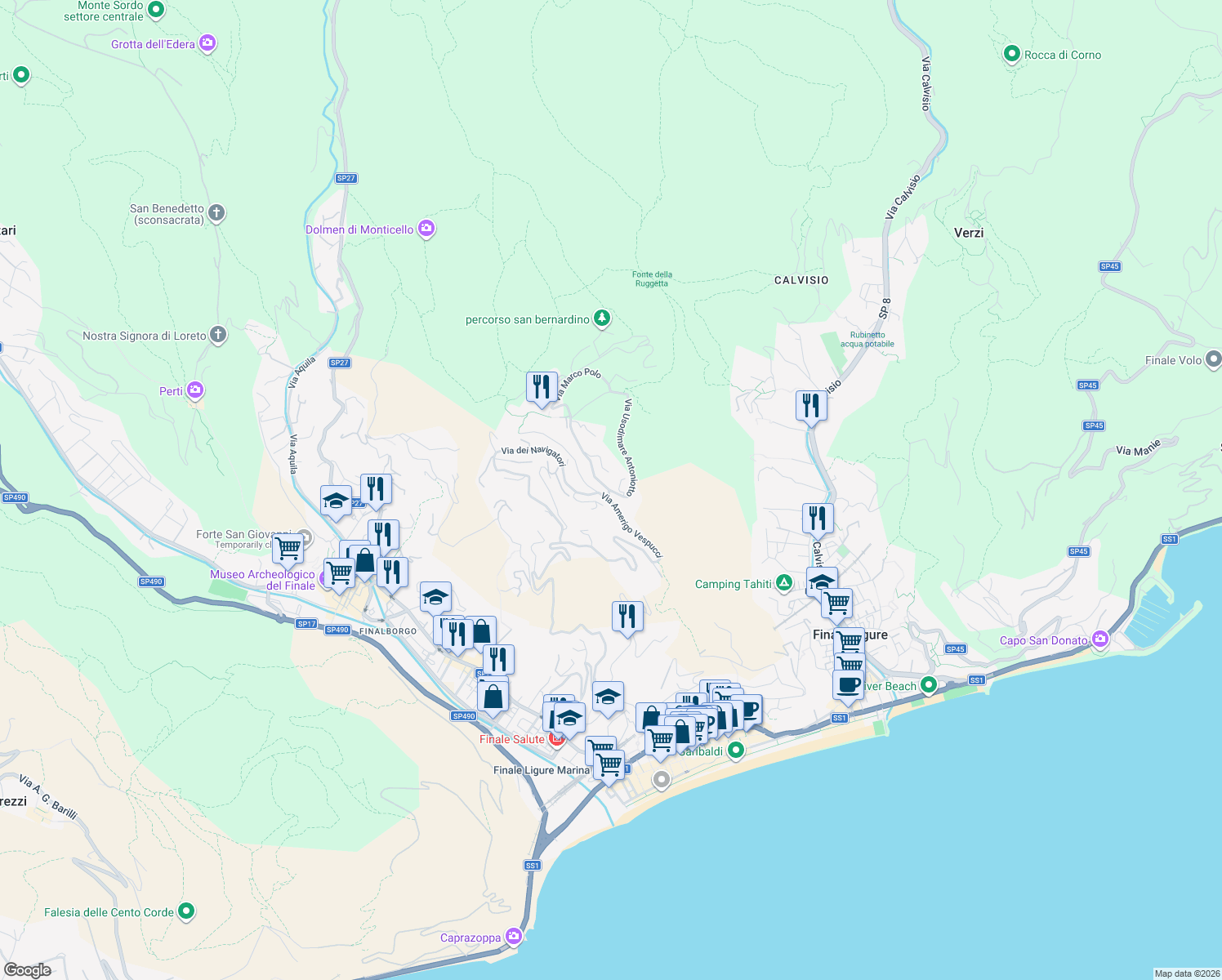 map of restaurants, bars, coffee shops, grocery stores, and more near 1 Via Usodimare Antoniotto in Finale Ligure