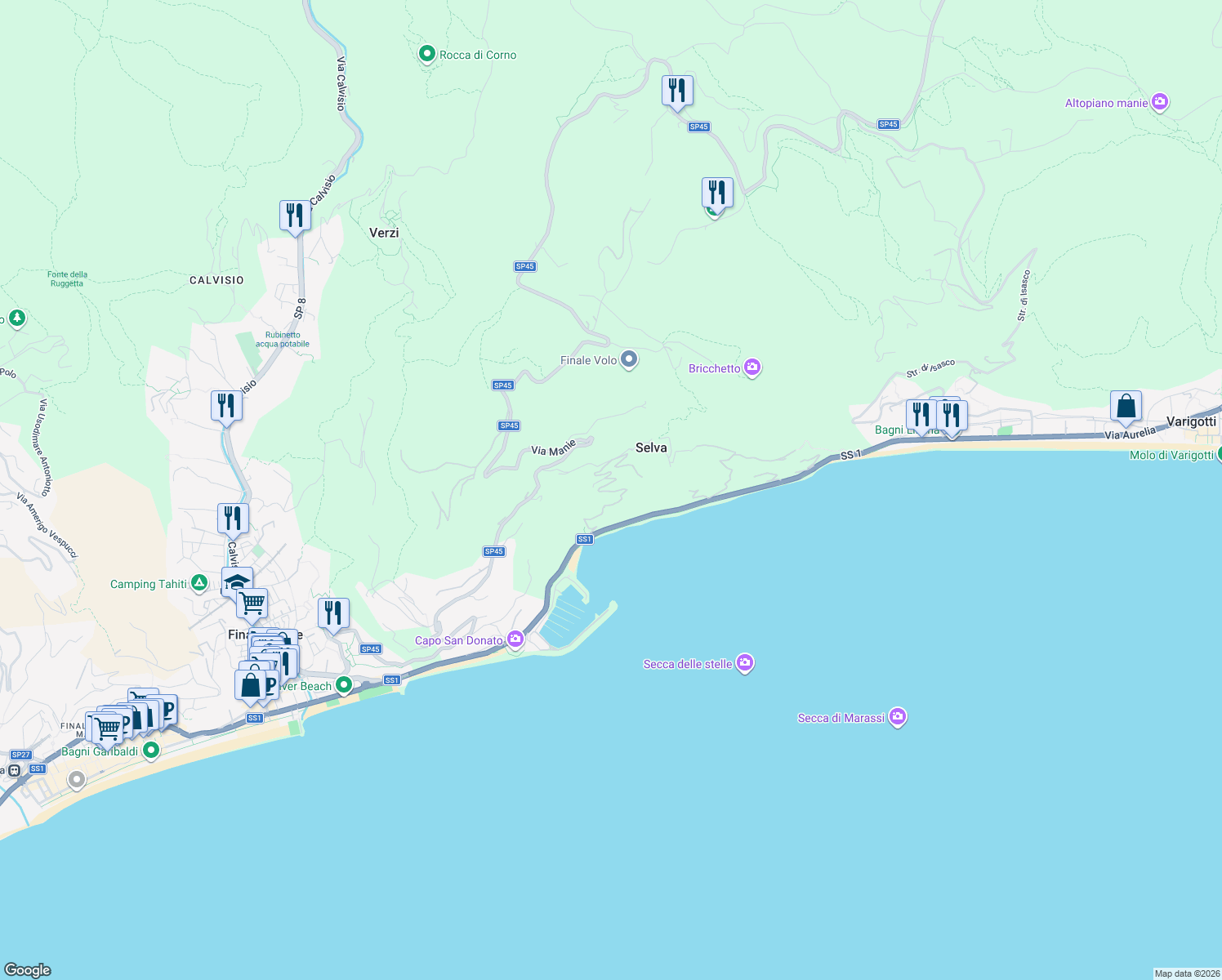 map of restaurants, bars, coffee shops, grocery stores, and more near Strada Statale 1 in Provincia di Savona
