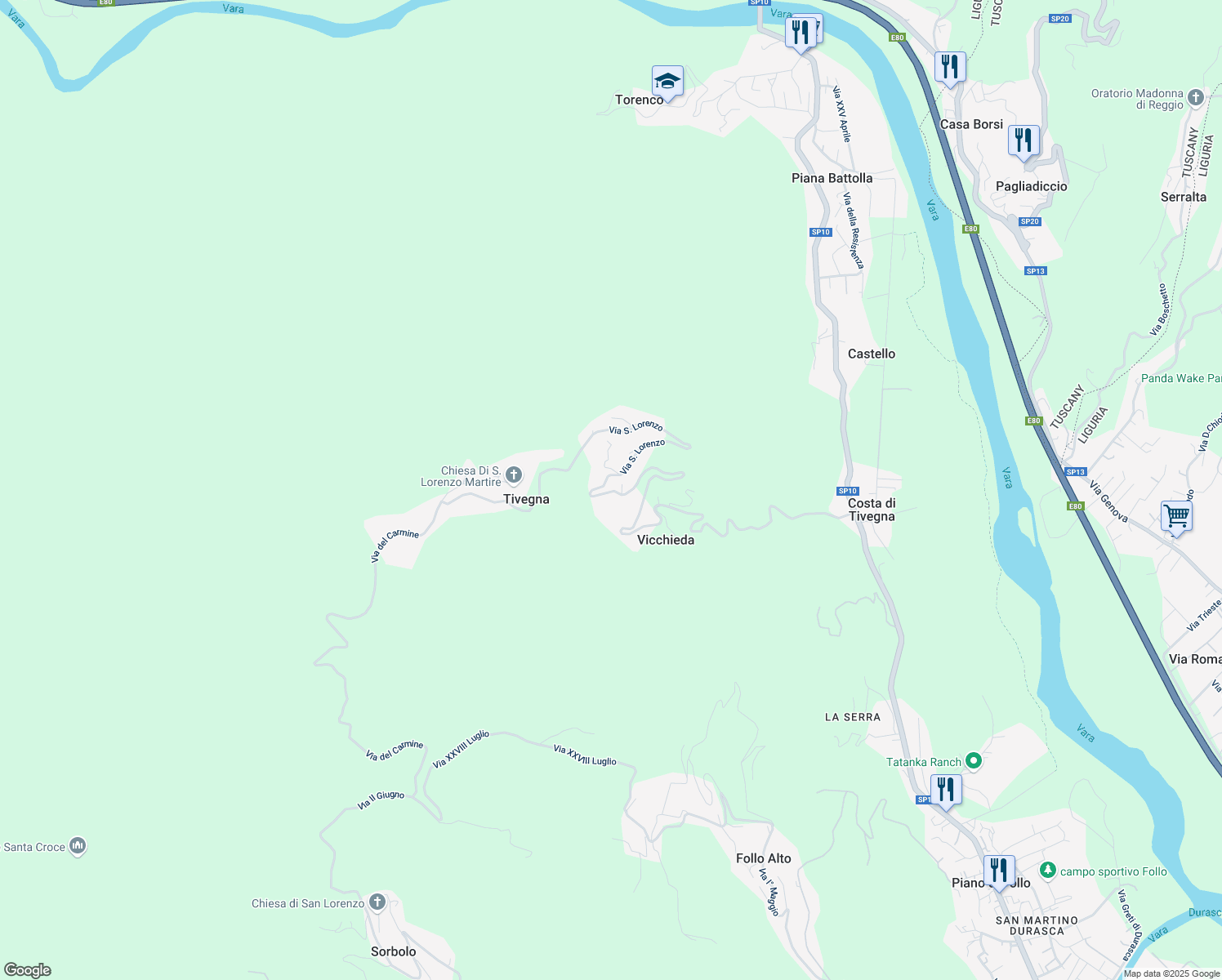map of restaurants, bars, coffee shops, grocery stores, and more near 23 Via San Lorenzo in Tivegna