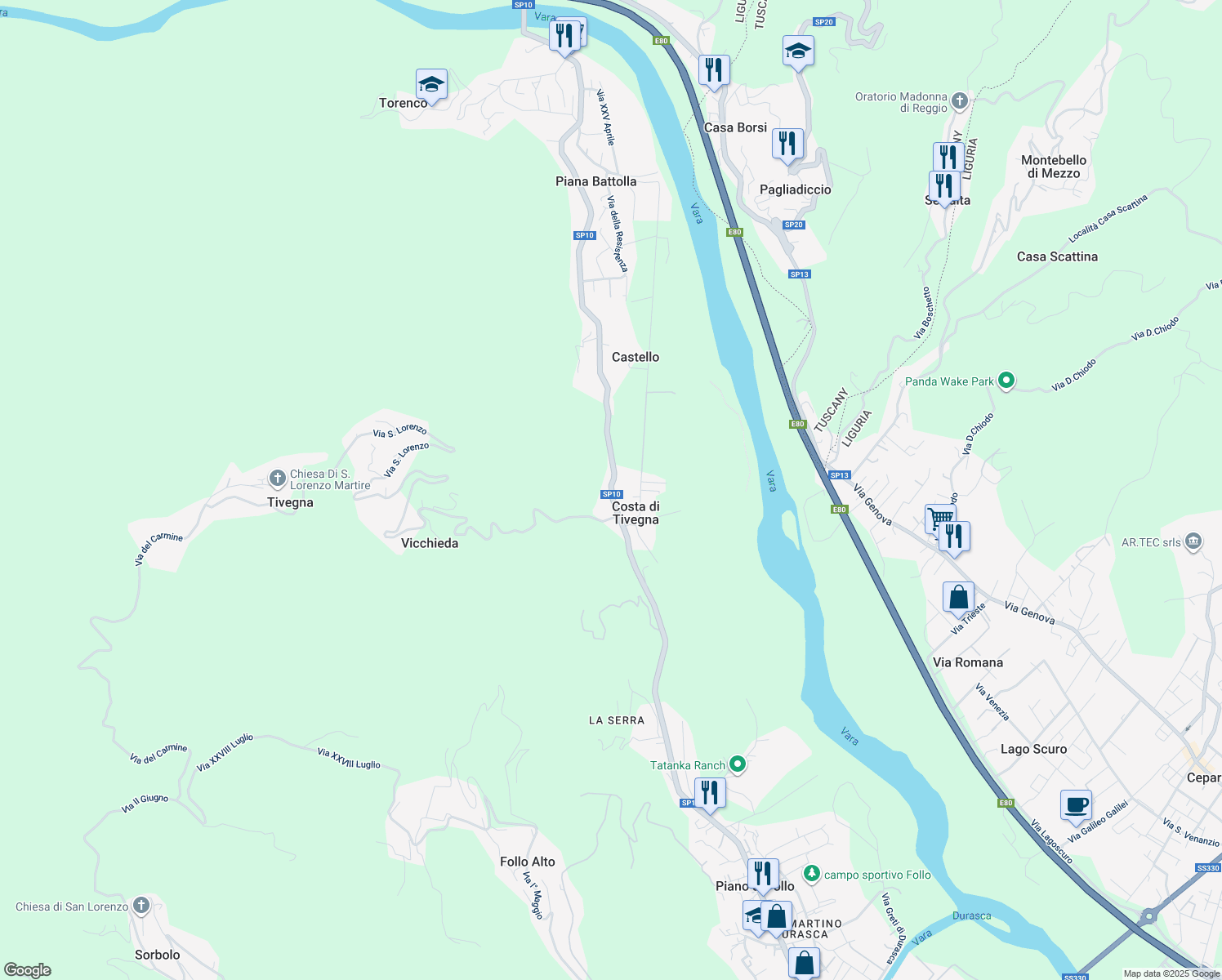map of restaurants, bars, coffee shops, grocery stores, and more near 1 Via Gerolamo Spezia in Costa di Tivegna