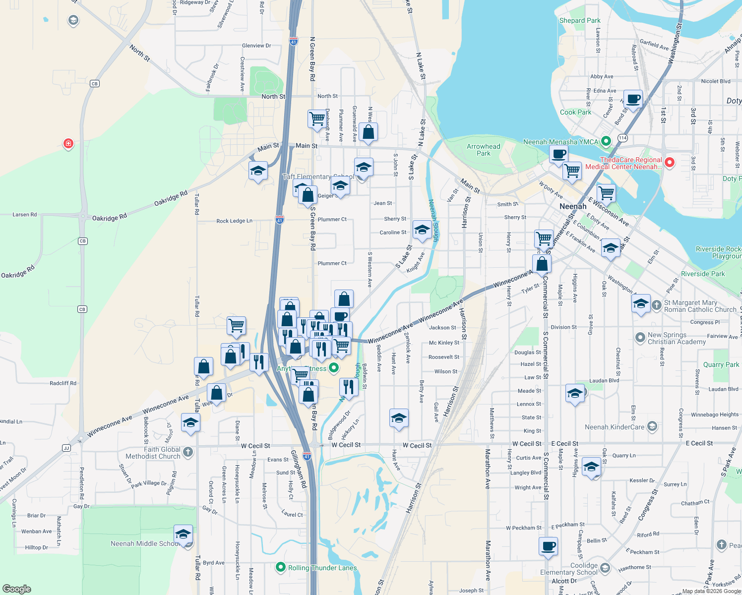 map of restaurants, bars, coffee shops, grocery stores, and more near 634 South Lake Street in Neenah
