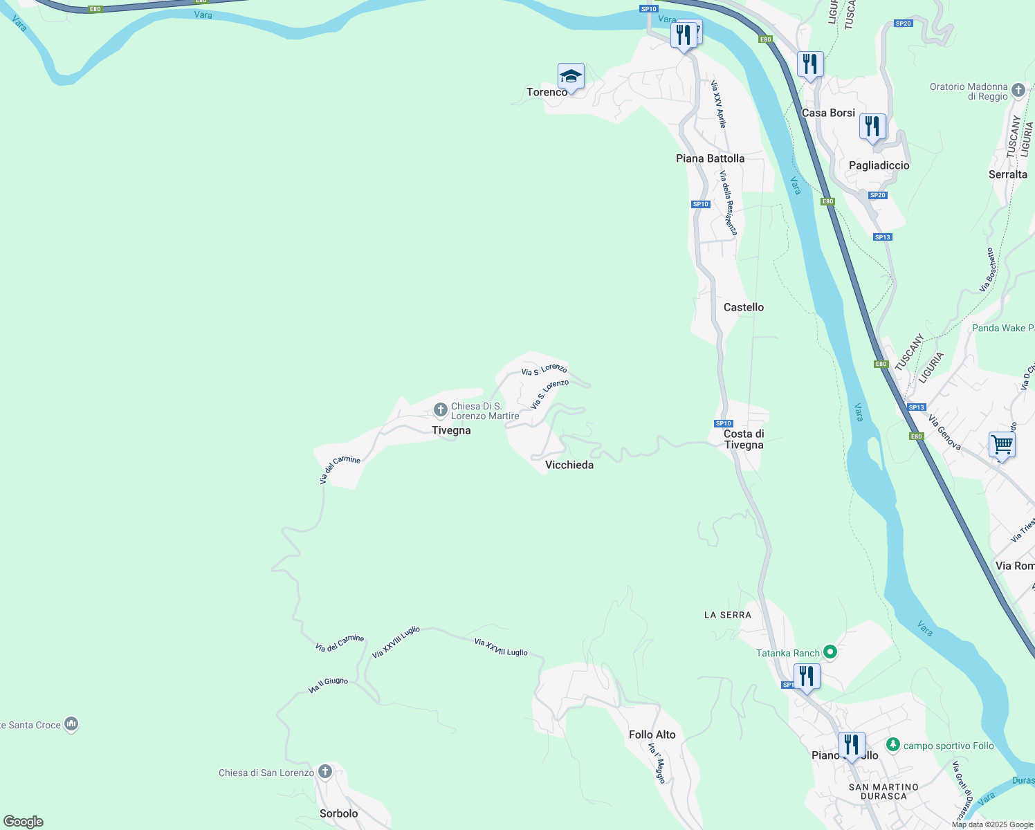 map of restaurants, bars, coffee shops, grocery stores, and more near 23 Via San Lorenzo in Tivegna