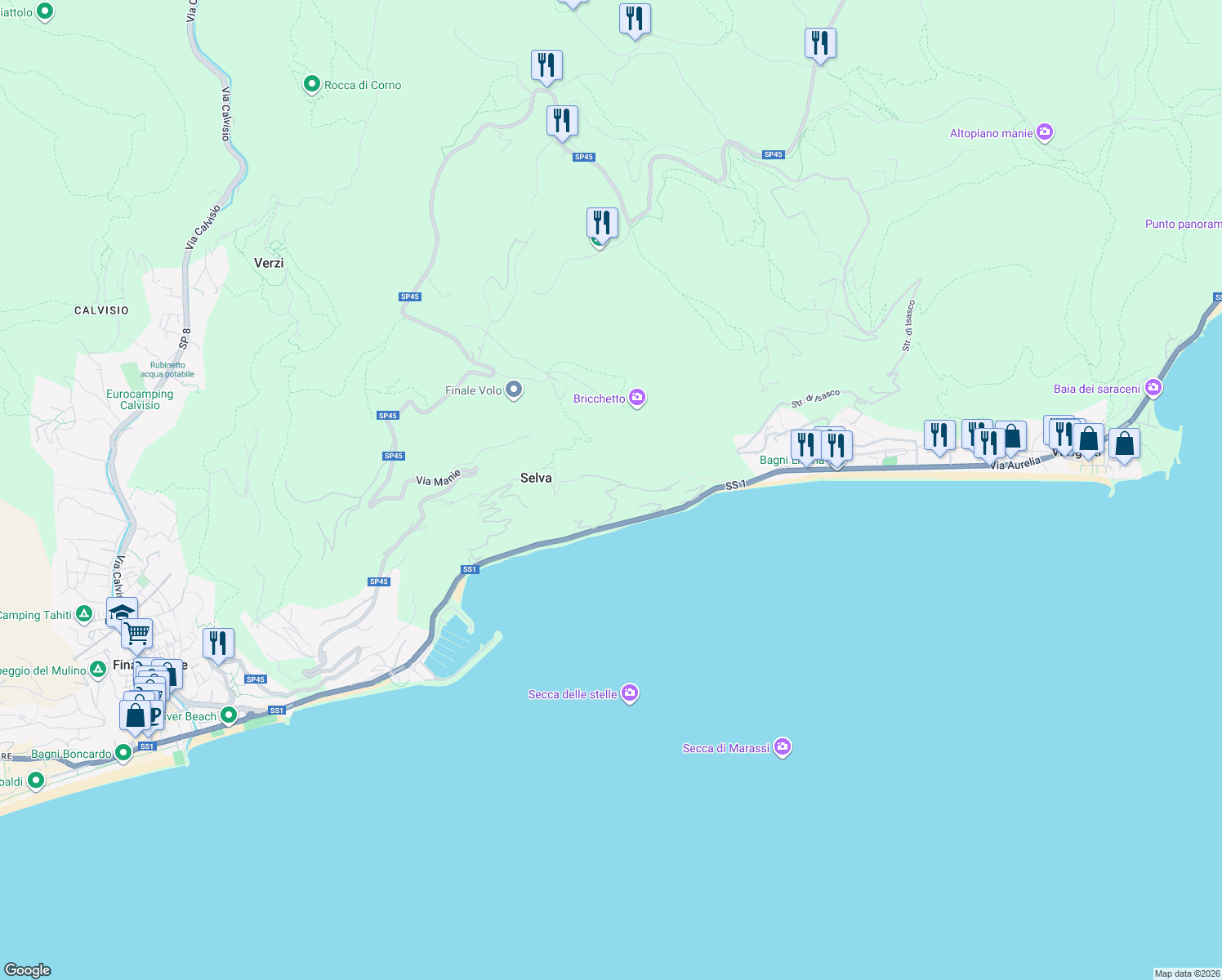 map of restaurants, bars, coffee shops, grocery stores, and more near 14 Strada della Selva in Finale Ligure