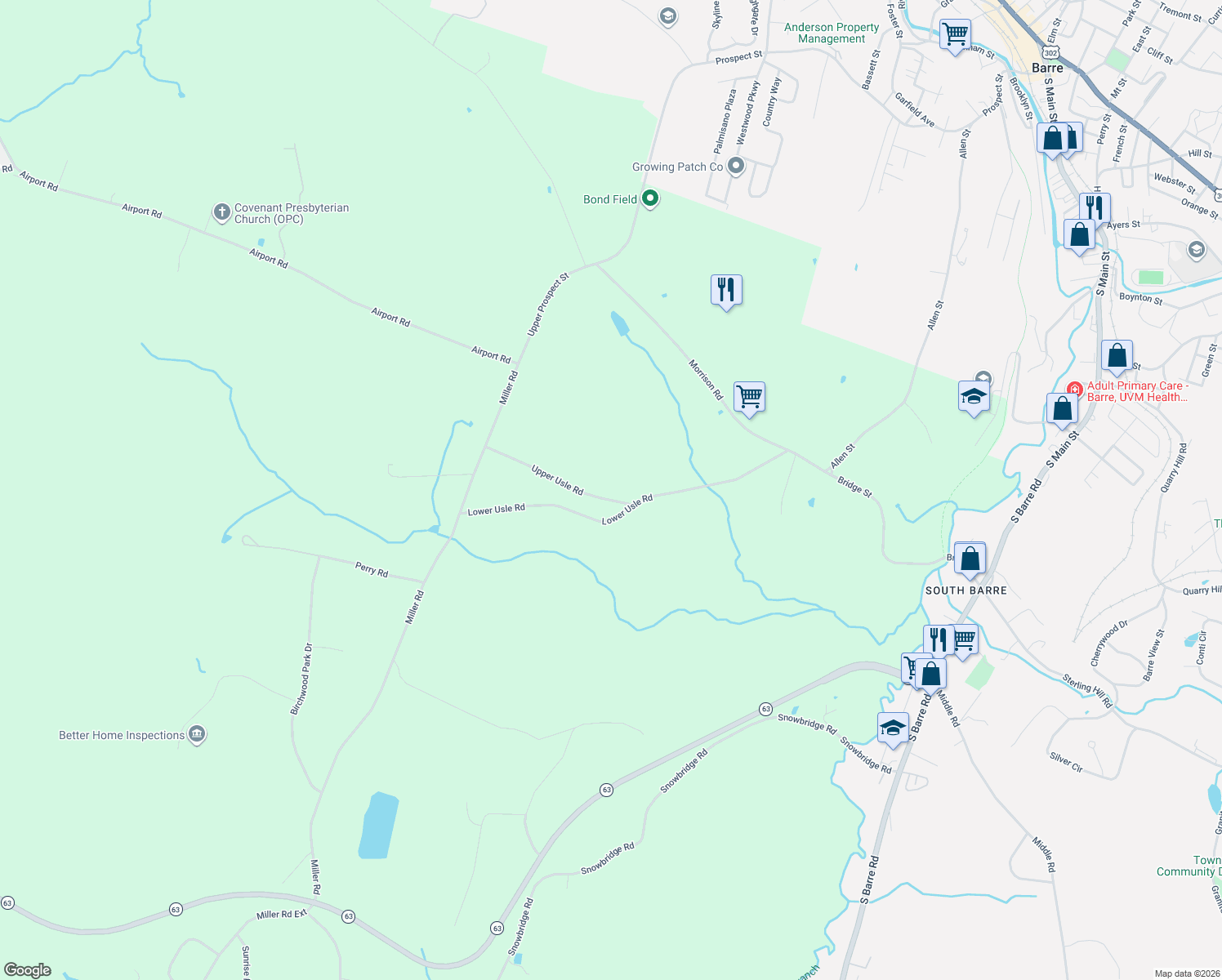 map of restaurants, bars, coffee shops, grocery stores, and more near 19 Upper Usle Rd in Barre