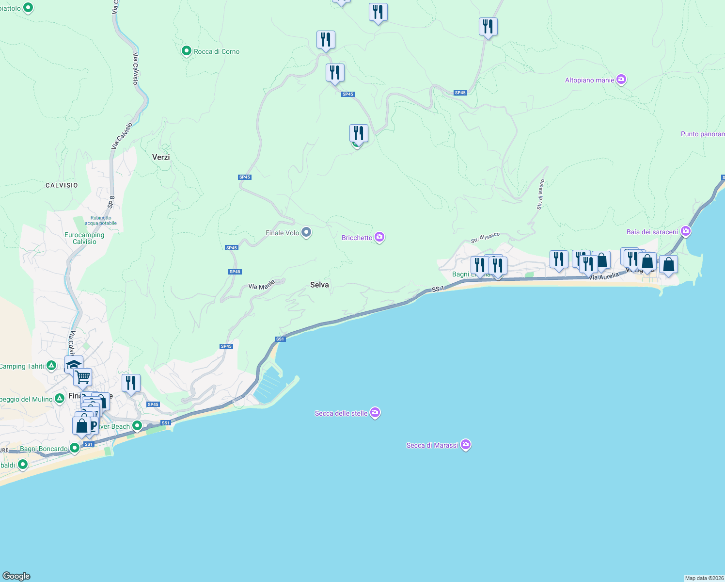 map of restaurants, bars, coffee shops, grocery stores, and more near 14 Strada della Selva in Finale Ligure