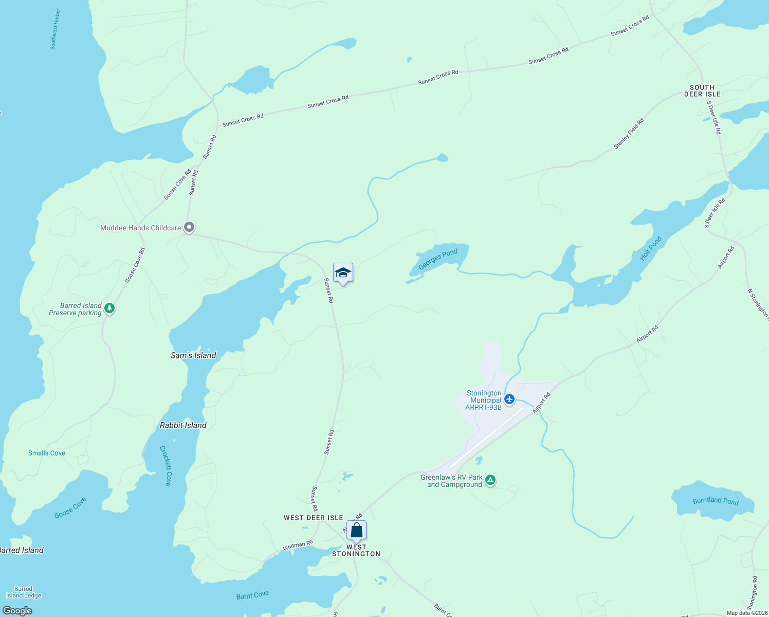 map of restaurants, bars, coffee shops, grocery stores, and more near Georges Pond Road in Stonington