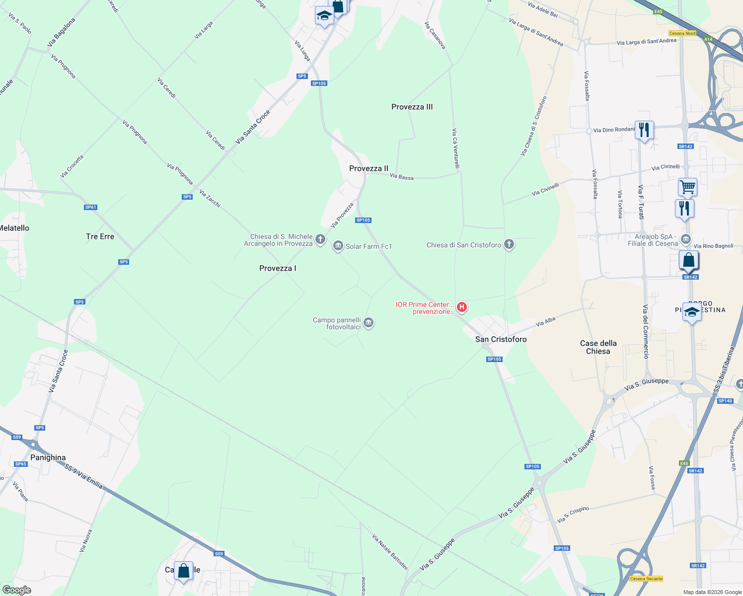 map of restaurants, bars, coffee shops, grocery stores, and more near 280 Via Buschi in Provincia di Forlì-Cesena