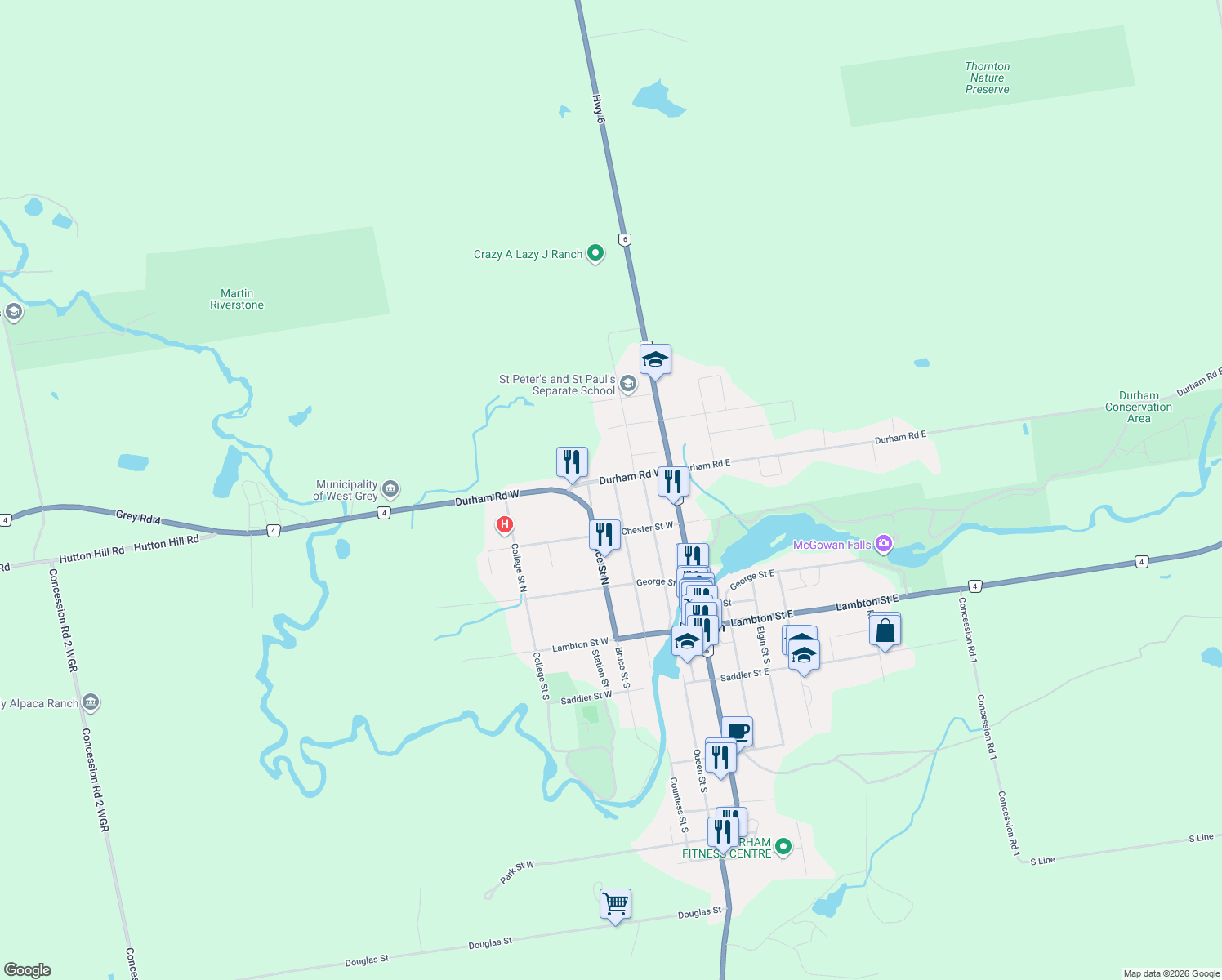 map of restaurants, bars, coffee shops, grocery stores, and more near 384 Countess Street North in Durham