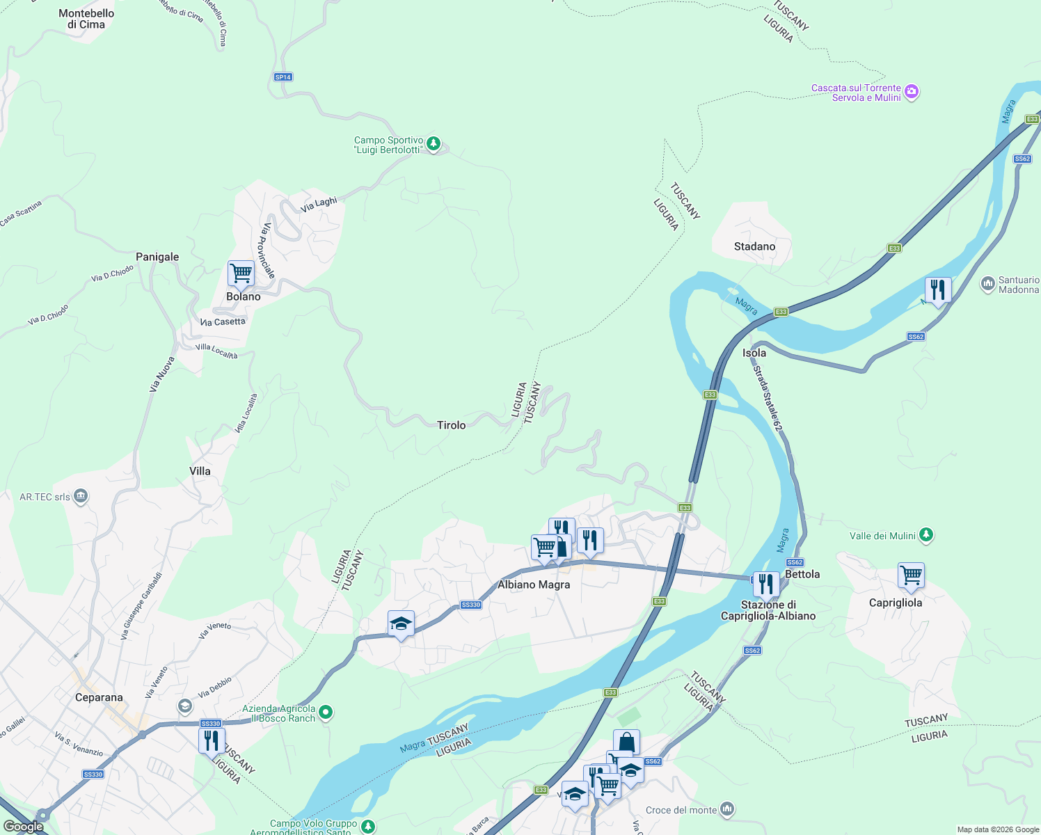 map of restaurants, bars, coffee shops, grocery stores, and more near 58 Località Tirolo in Provincia della Spezia