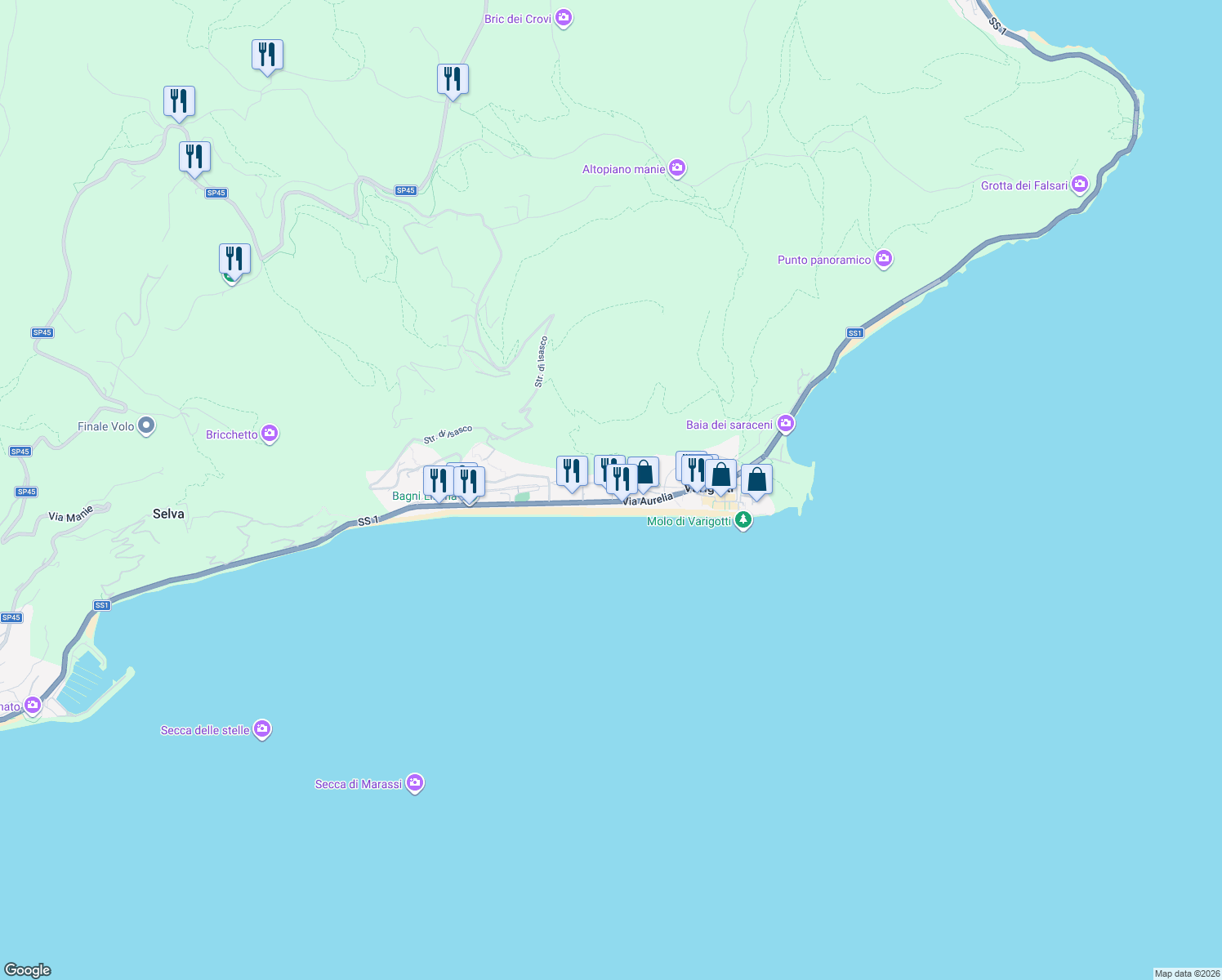 map of restaurants, bars, coffee shops, grocery stores, and more near 2 Vico delle Stelle in Varigotti